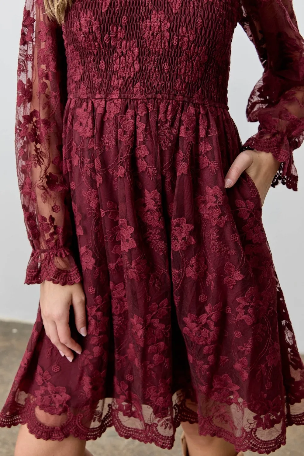 Burgundy Embroidered Lace Smocked Long Sleeve Dress sold by Pinkblush product image thumbnail 4