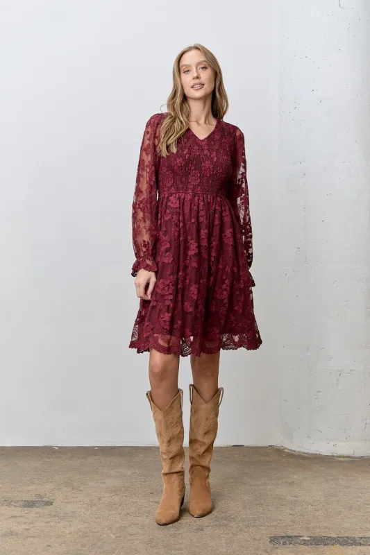 Burgundy Embroidered Lace Smocked Long Sleeve Dress sold by Pinkblush