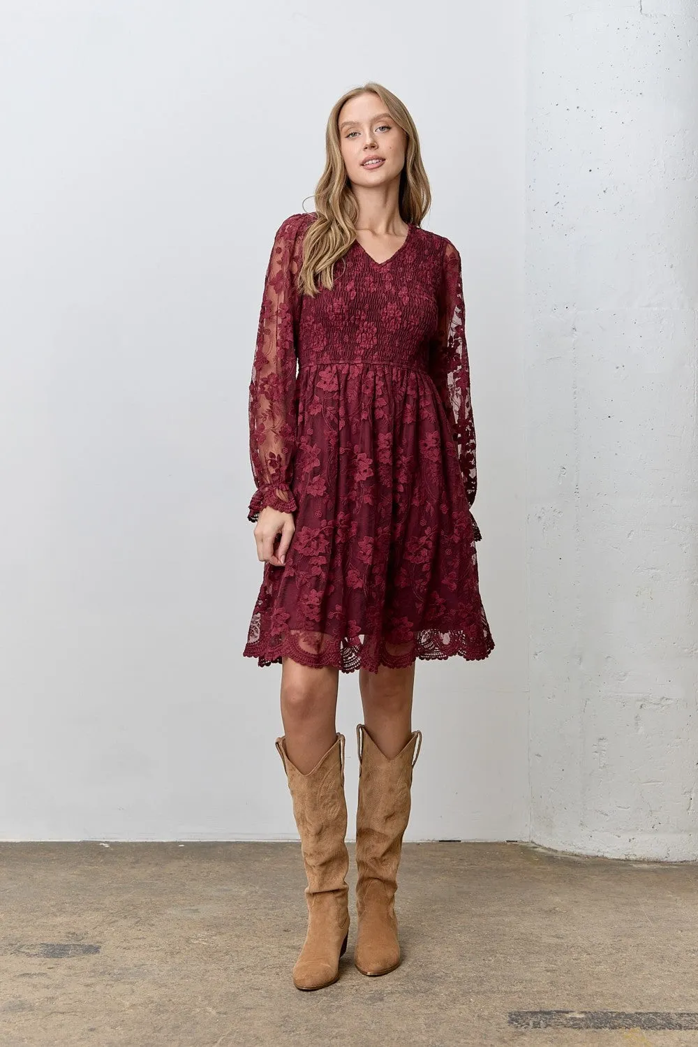 Burgundy Embroidered Lace Smocked Long Sleeve Dress sold by Pinkblush