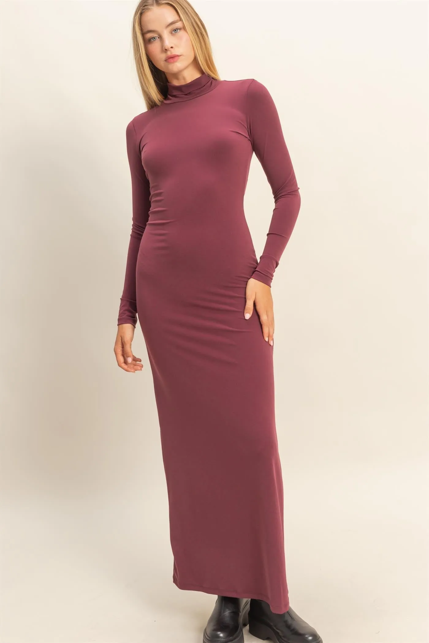 Burgundy Turtleneck Long Sleeve Maxi Dress sold by Pinkblush product image thumbnail 2