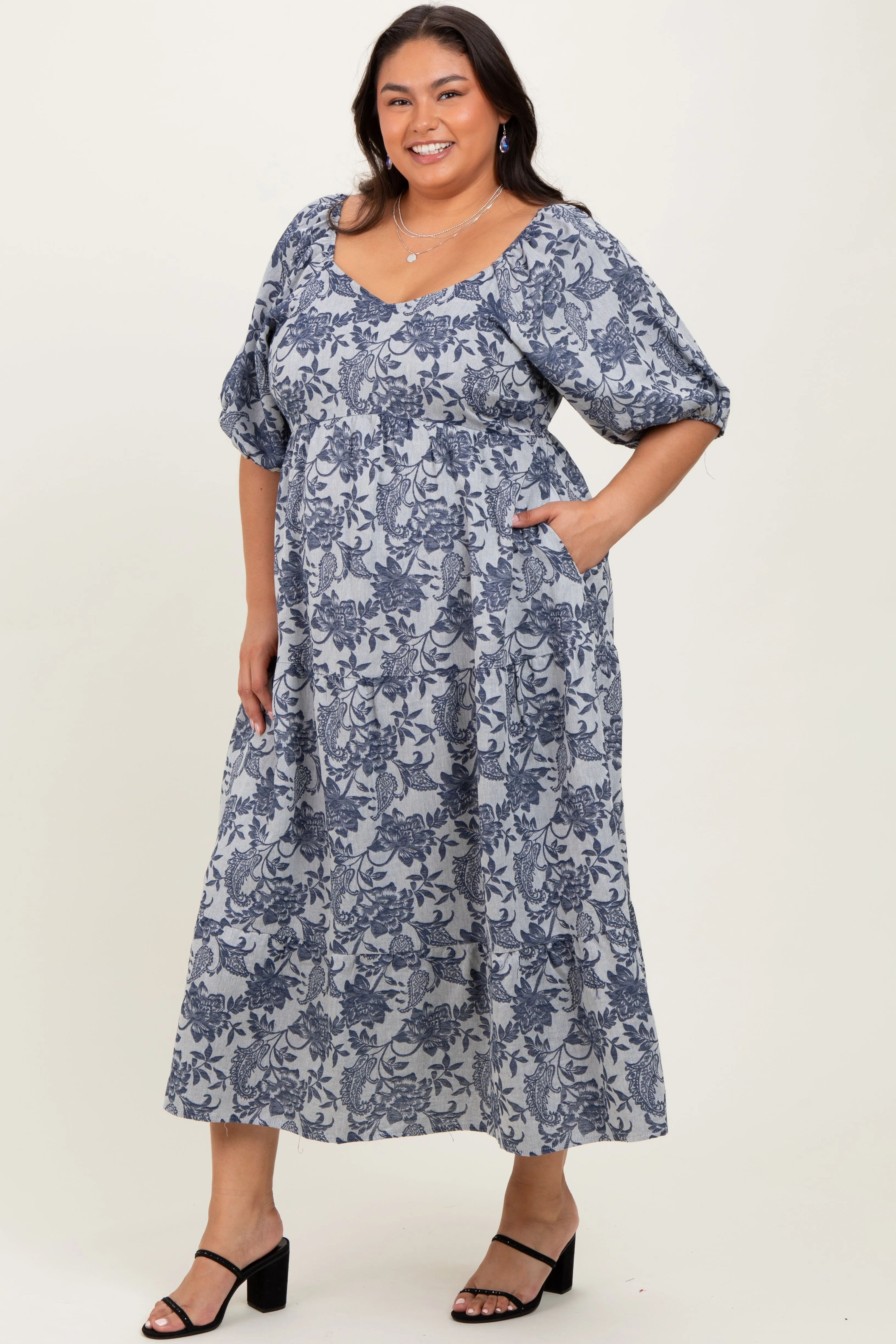 Navy Floral Tiered Puff Sleeve Plus Midi Dress sold by Pinkblush product image thumbnail 2