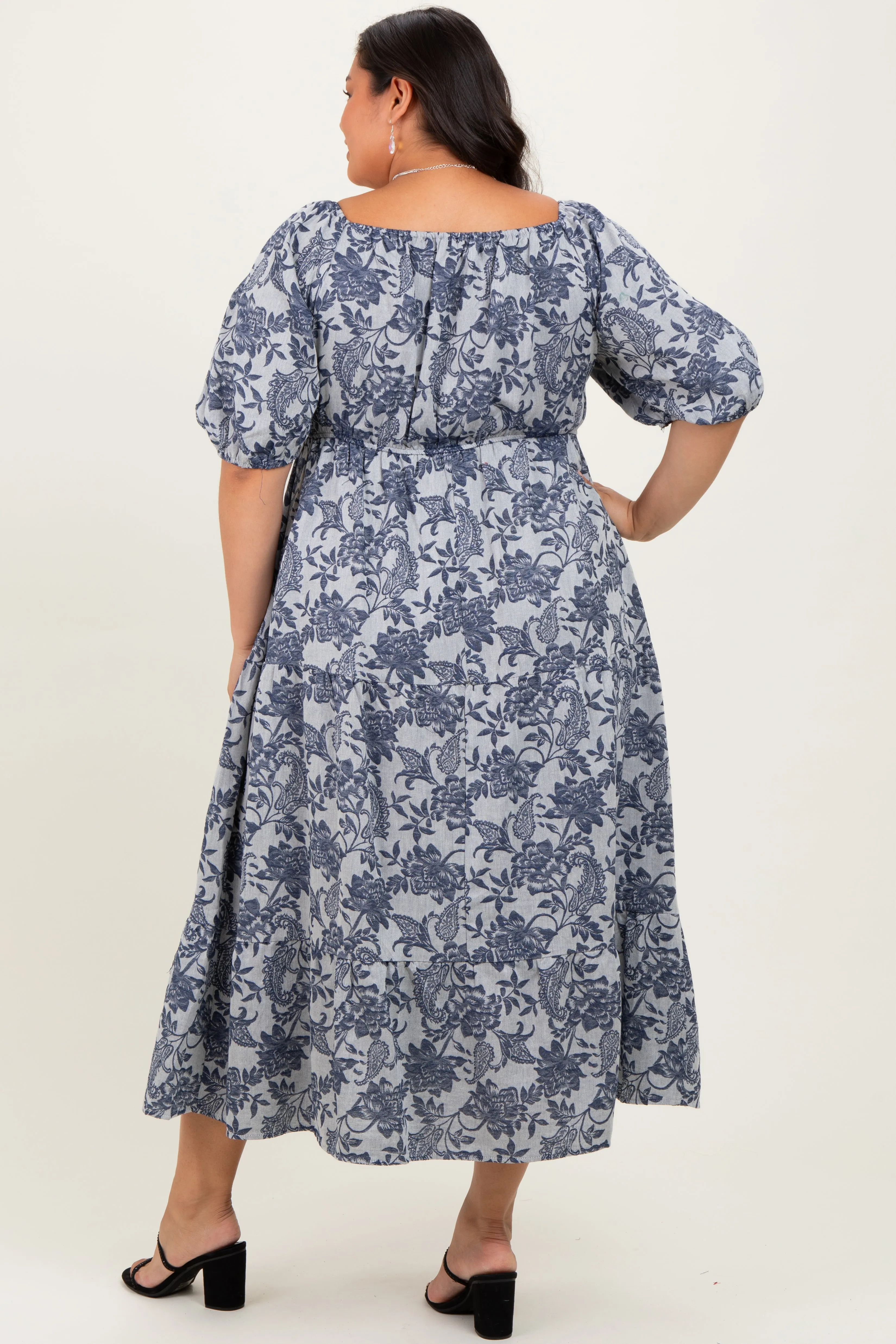 Navy Floral Tiered Puff Sleeve Plus Midi Dress sold by Pinkblush product image thumbnail 3