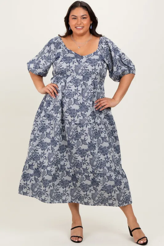 Navy Floral Tiered Puff Sleeve Plus Midi Dress sold by Pinkblush