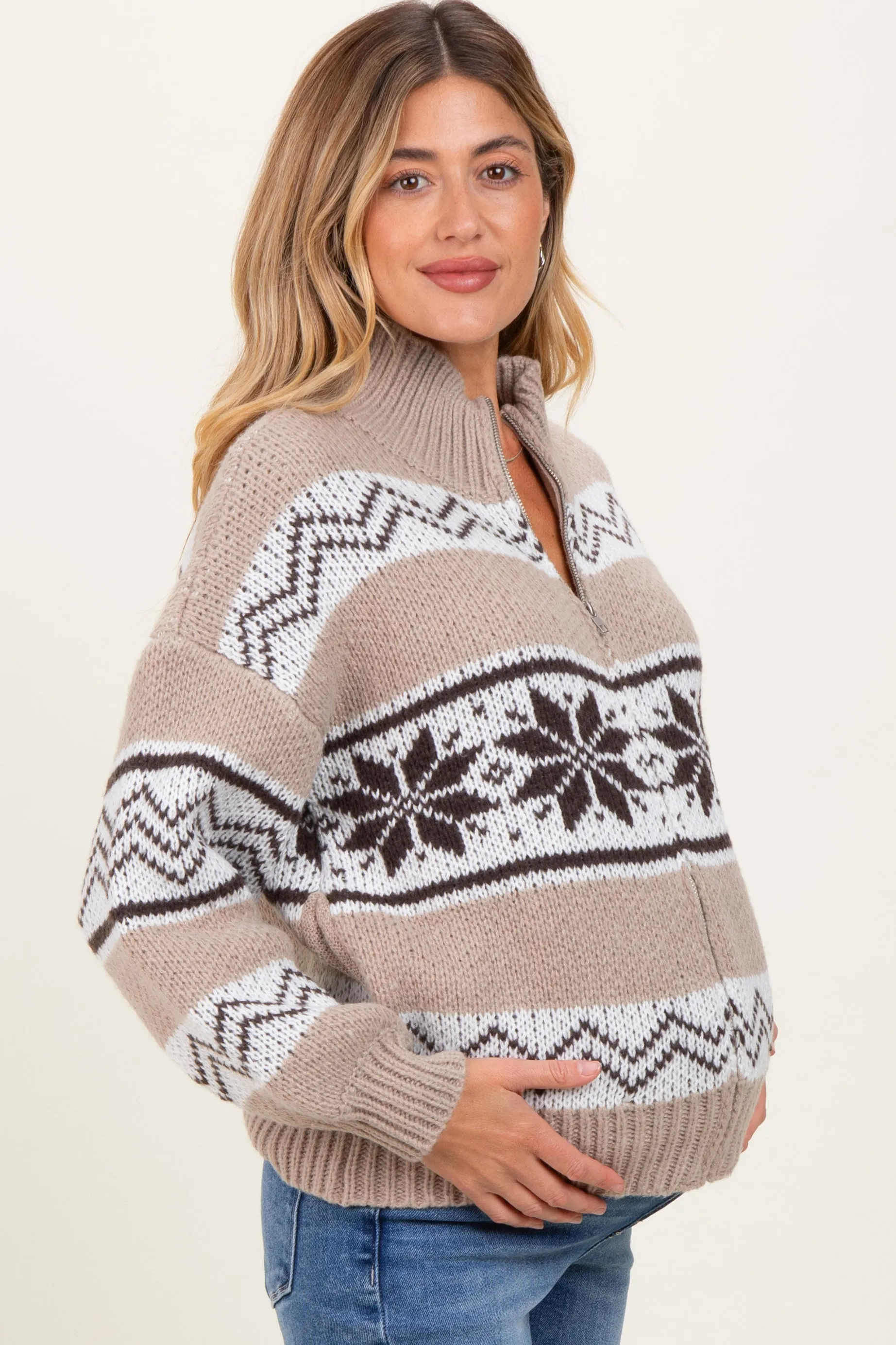 Brown Fair Isle Print Zip Up Maternity Sweater Jacket sold by Pinkblush product image thumbnail 3
