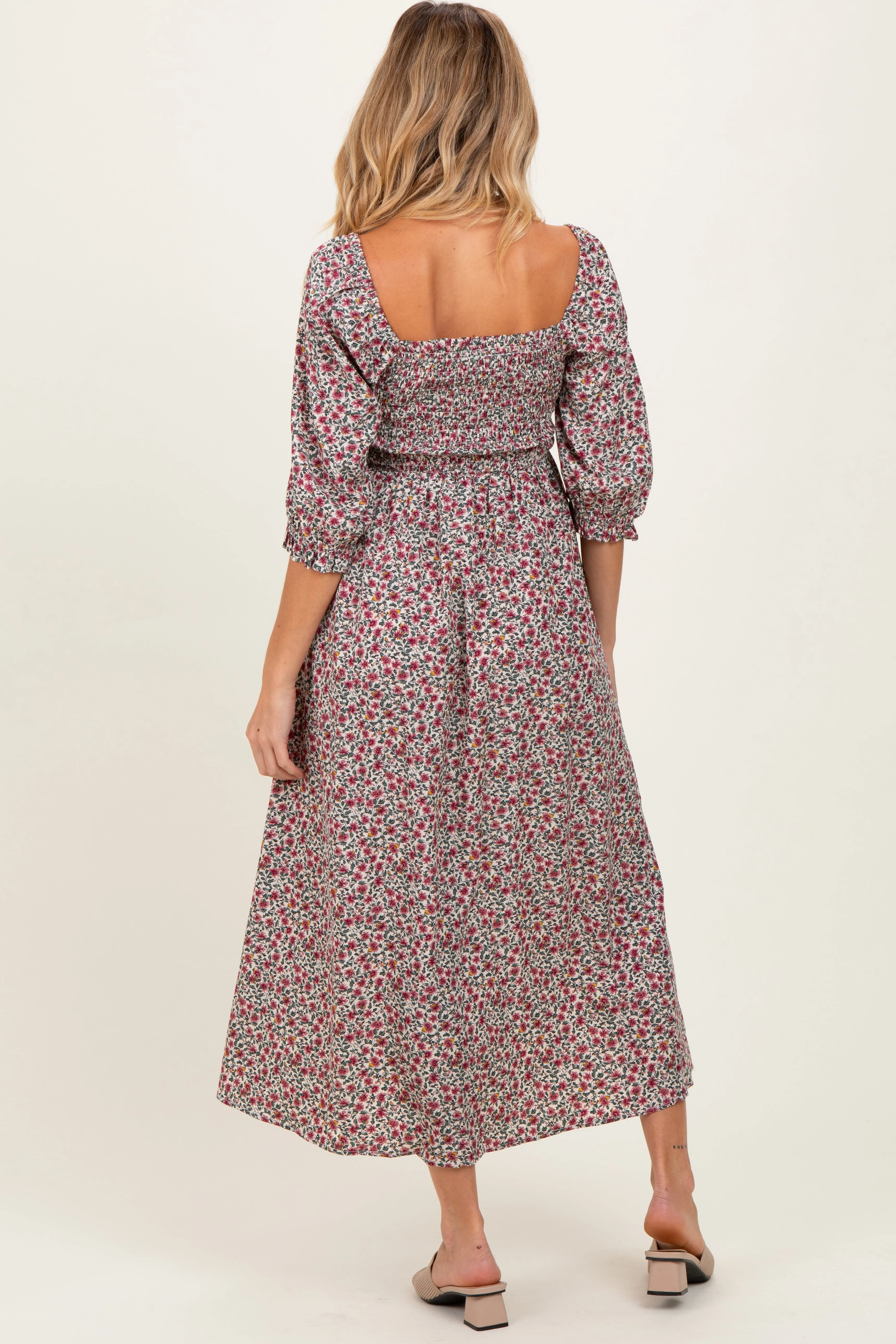 Cream Floral Print Smocked Bodice Maternity Maxi Dress sold by Pinkblush product image thumbnail 3