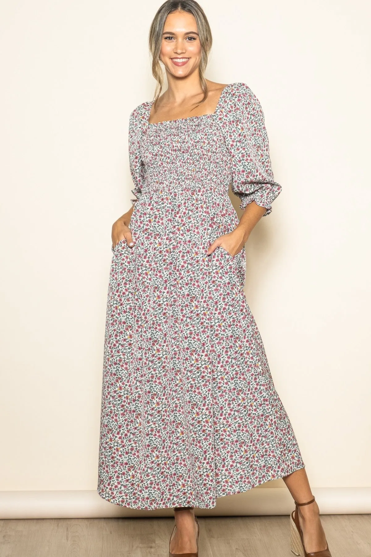 Cream Floral Print Smocked Bodice Maternity Maxi Dress sold by Pinkblush product image thumbnail 4