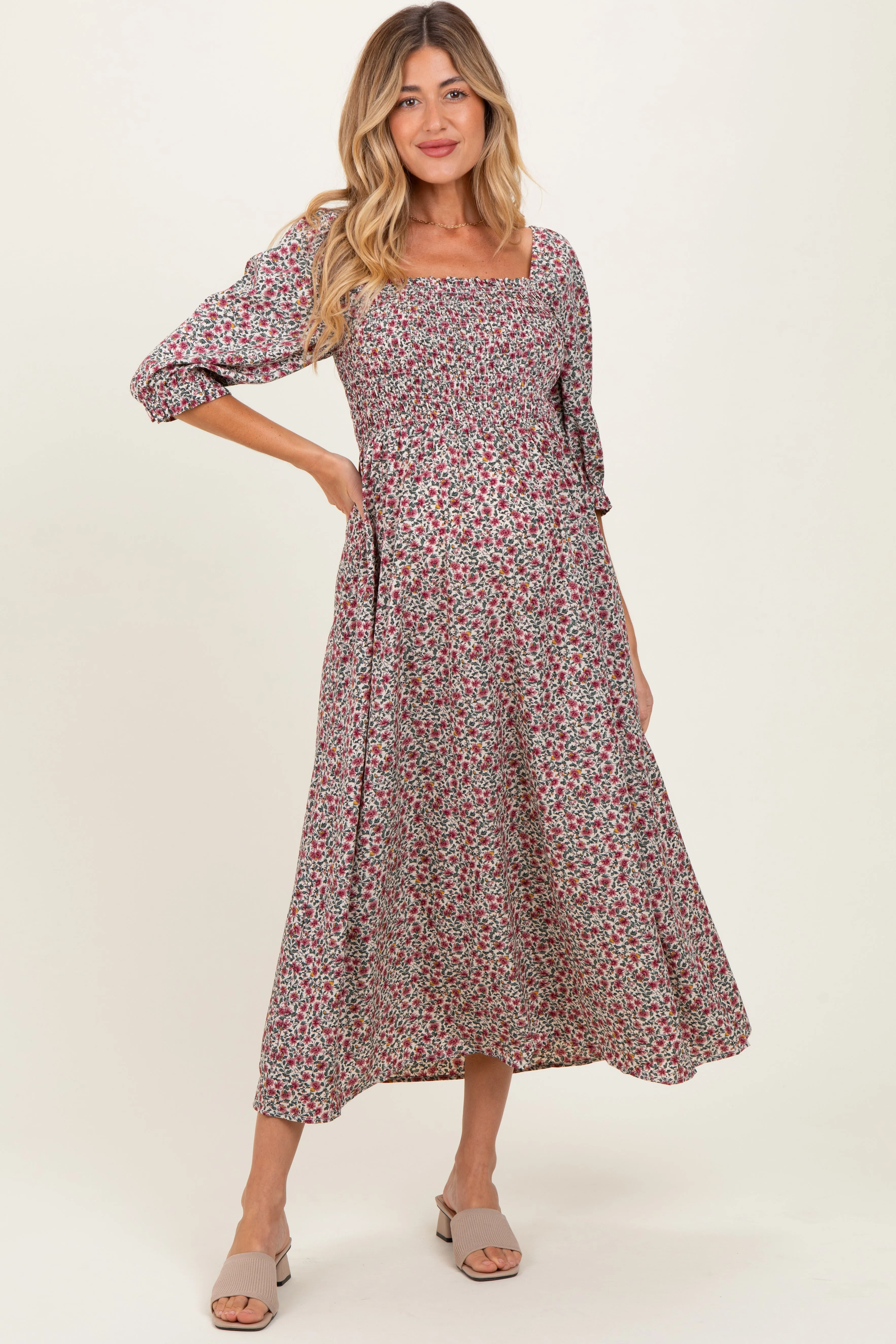 Cream Floral Print Smocked Bodice Maternity Maxi Dress sold by Pinkblush