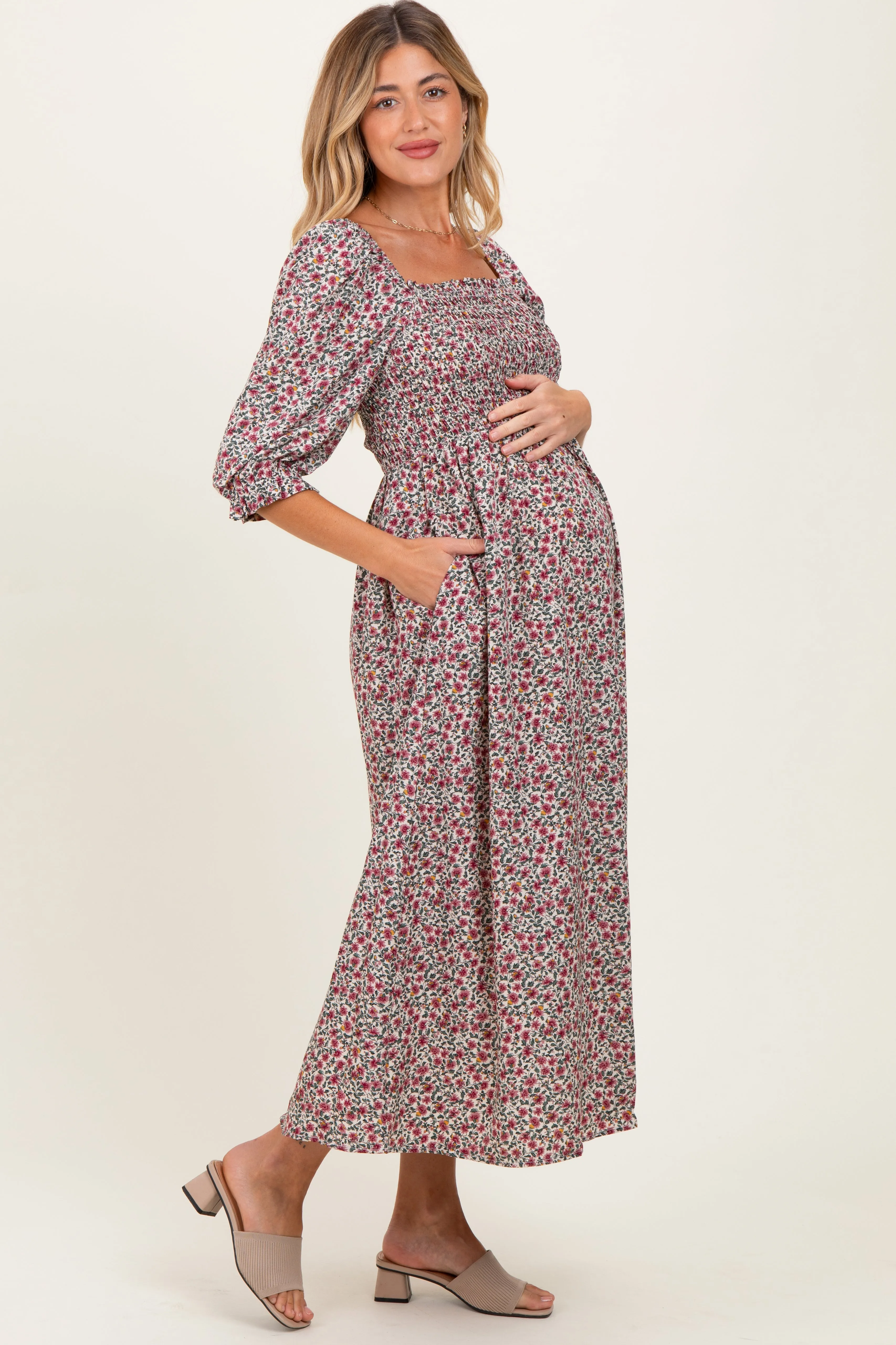 Cream Floral Print Smocked Bodice Maternity Maxi Dress sold by Pinkblush product image thumbnail 2
