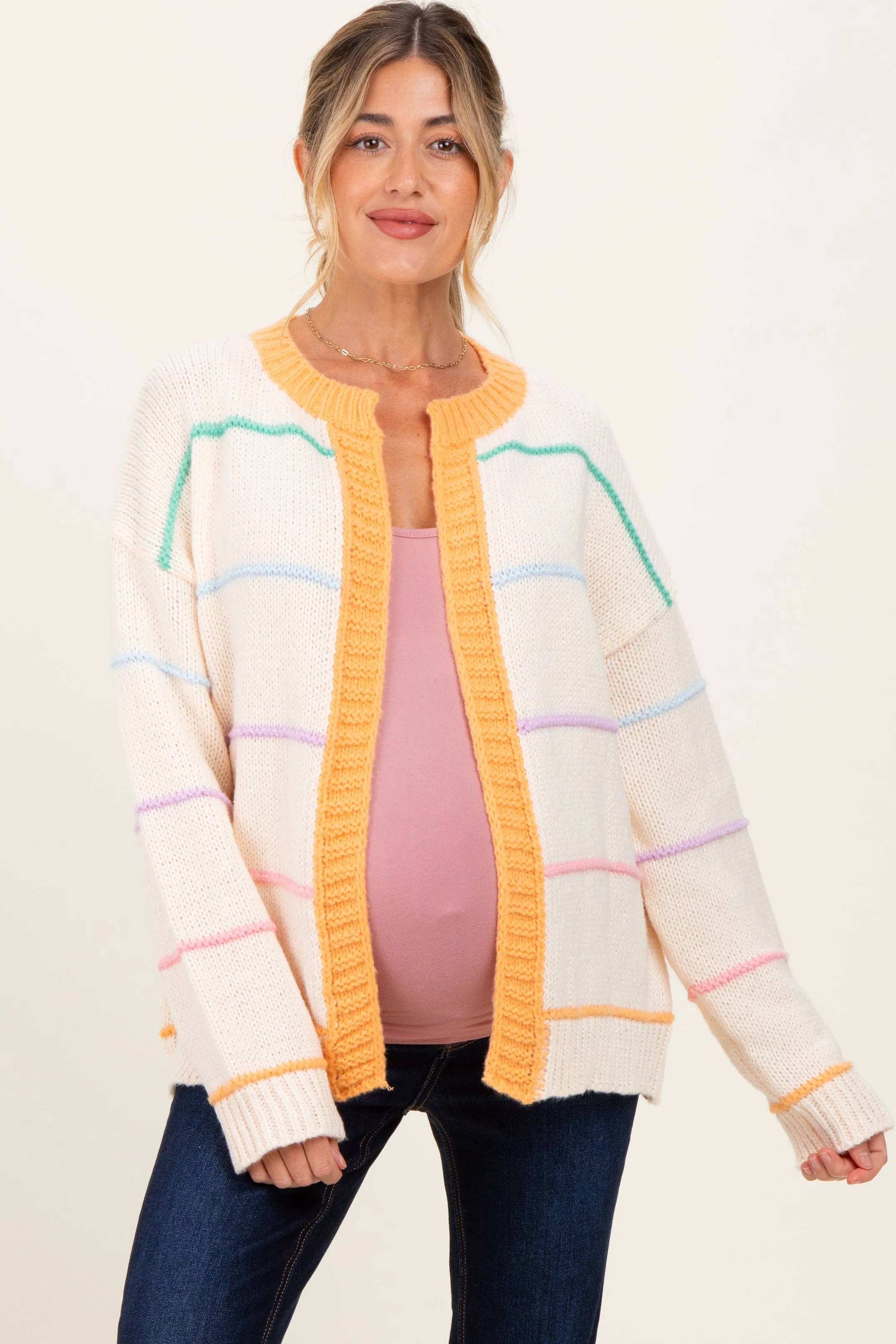 Cream Multicolor Stripe Chunky Knit Maternity Cardigan sold by Pinkblush