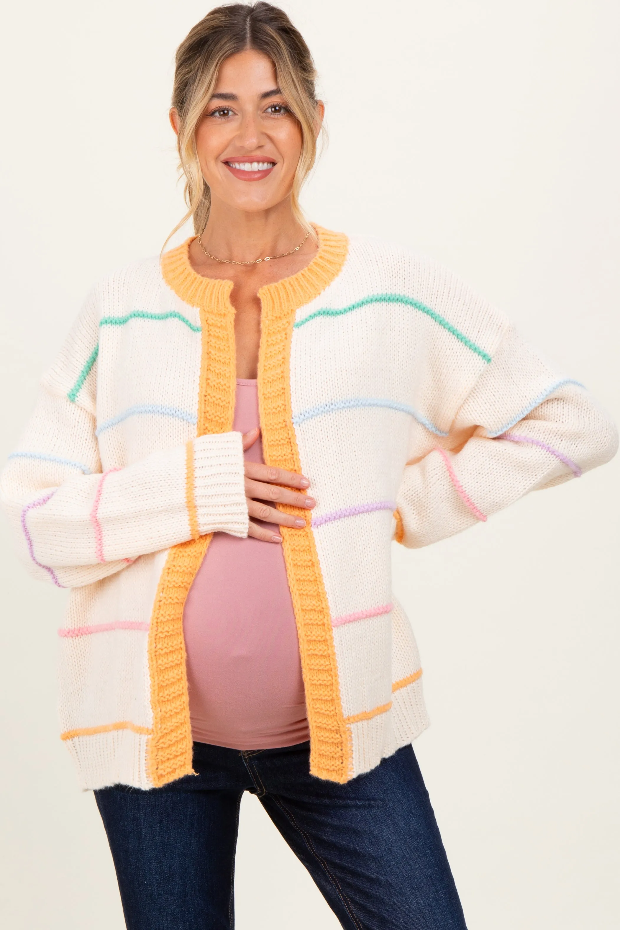 Cream Multicolor Stripe Chunky Knit Maternity Cardigan sold by Pinkblush product image thumbnail 2