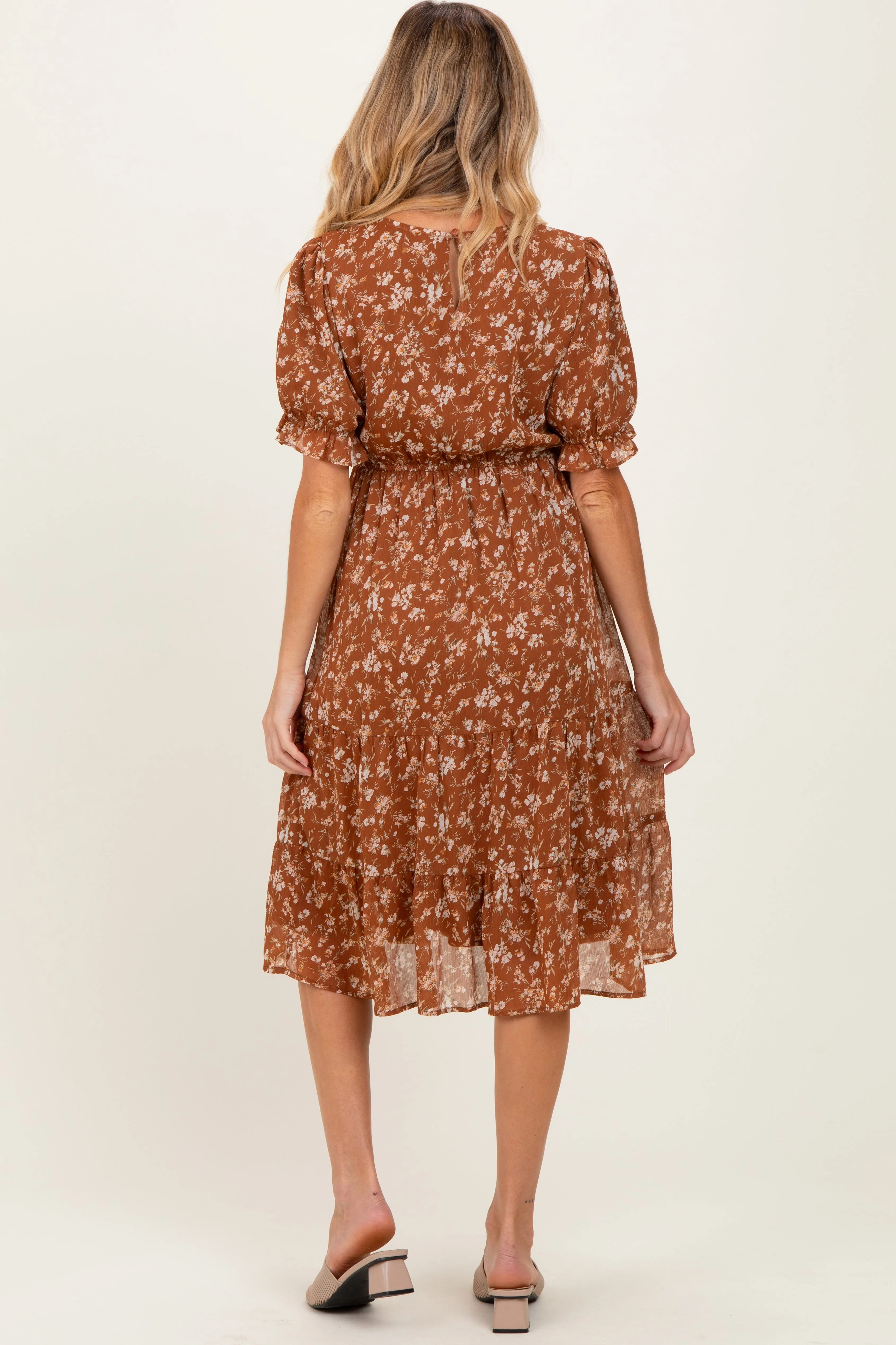 Rust Floral Short Sleeve Tiered Maternity Midi Dress sold by Pinkblush product image thumbnail 4
