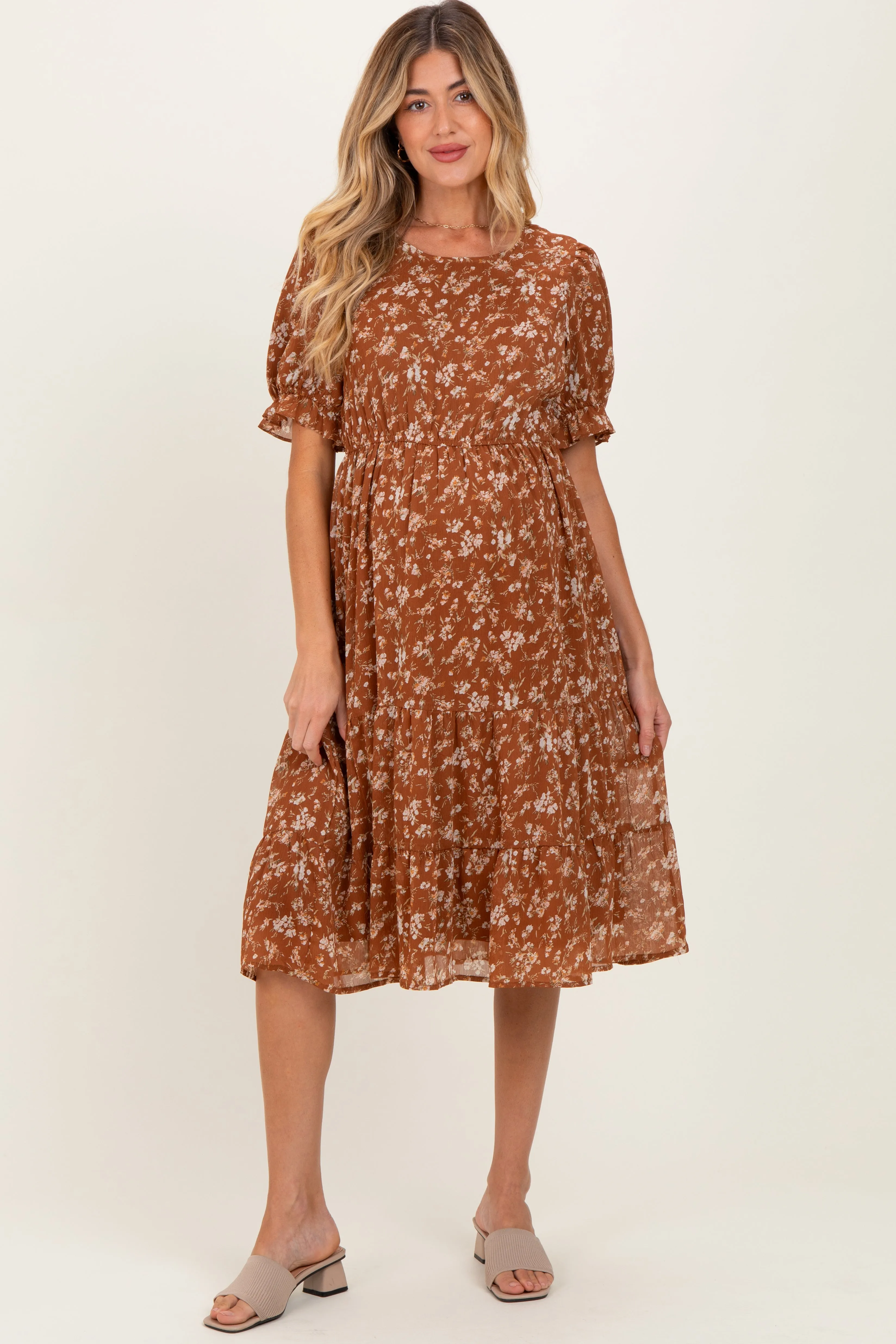 Rust Floral Short Sleeve Tiered Maternity Midi Dress sold by Pinkblush product image thumbnail 2