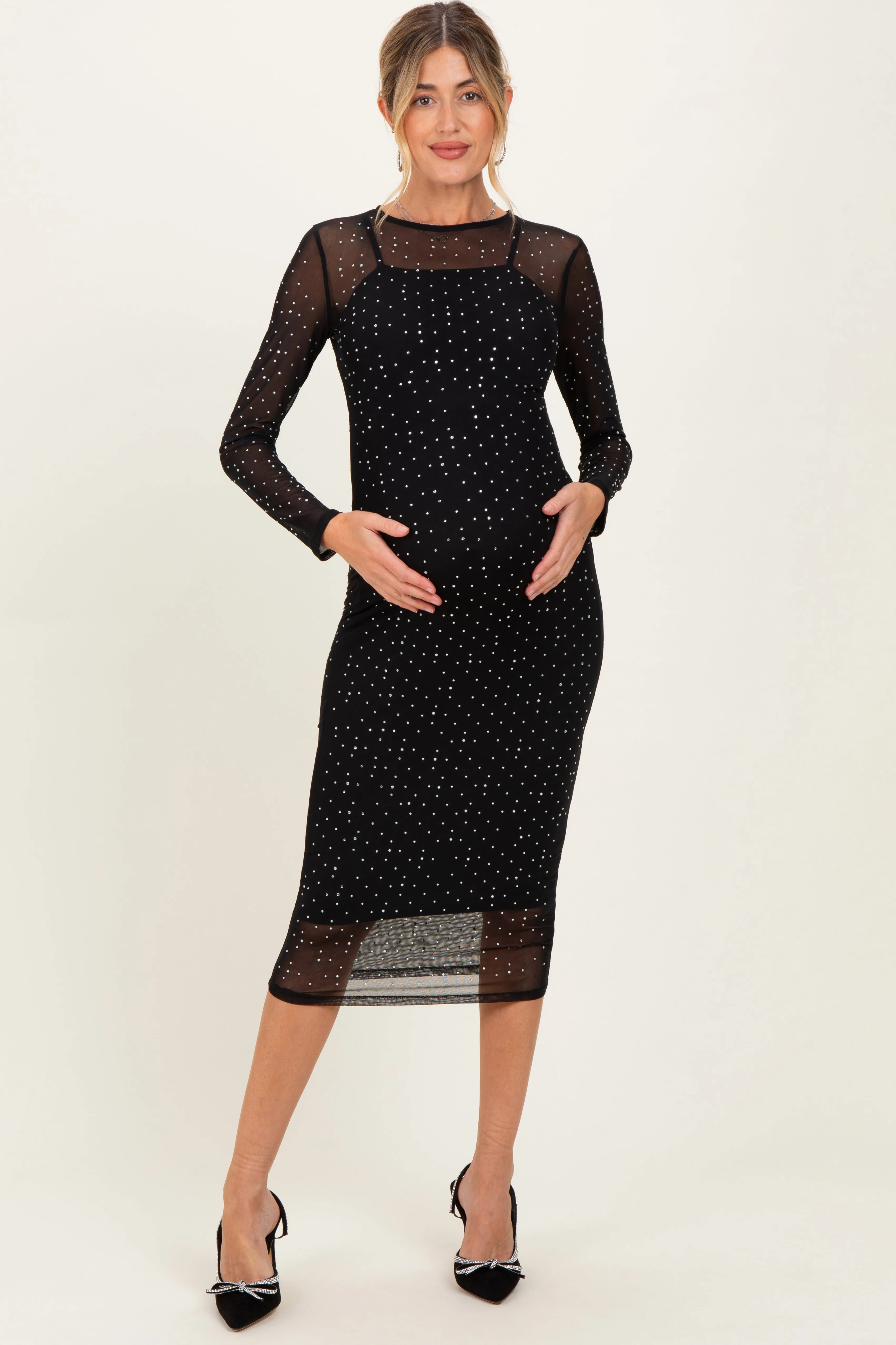 Black Rhinestone Mesh Long Sleeve Maternity Midi Dress sold by Pinkblush product image thumbnail 2