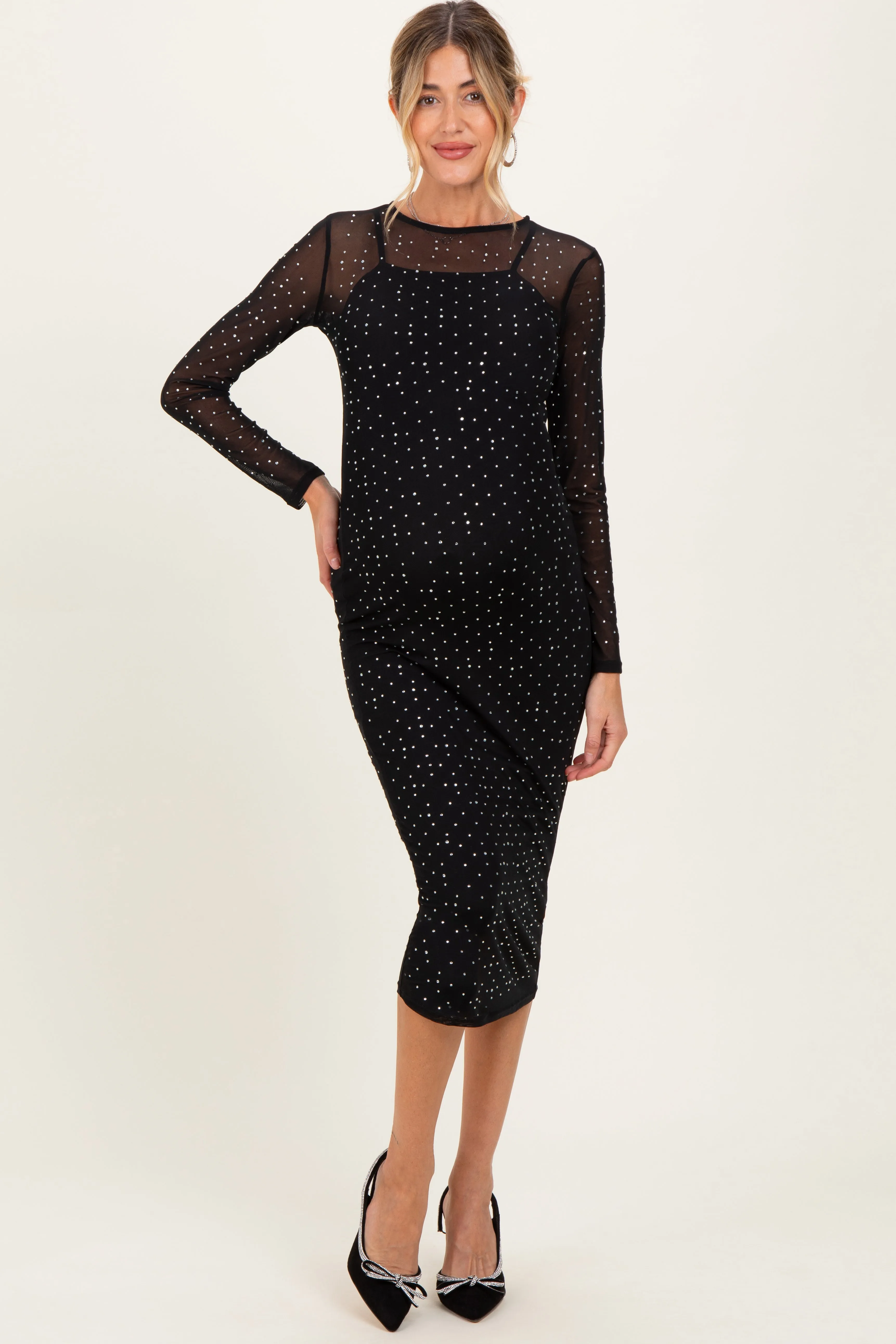 Black Rhinestone Mesh Long Sleeve Maternity Midi Dress sold by Pinkblush