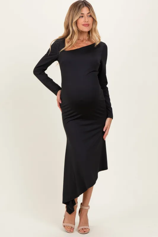 Black Asymmetric Hem Maternity Midi Dress sold by Pinkblush