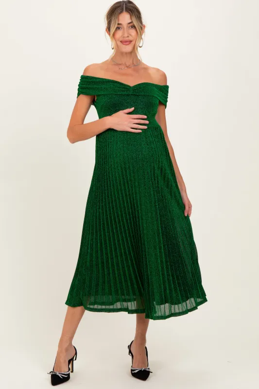 Forest Green Shimmer Off Shoulder Pleated Maternity Midi Dress sold by Pinkblush