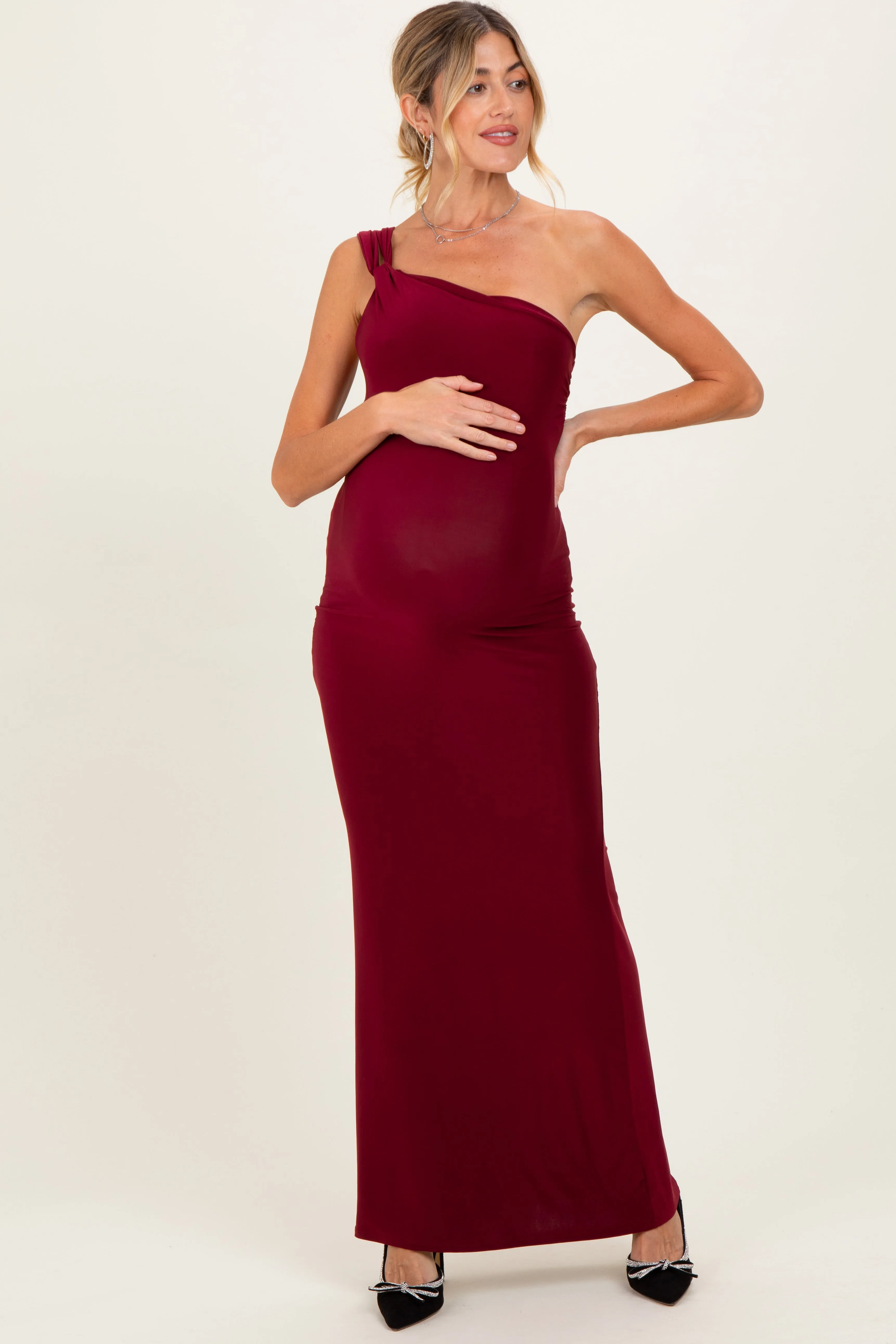 Burgundy Double Strap One Shoulder Maternity Maxi Dress sold by Pinkblush product image thumbnail 2