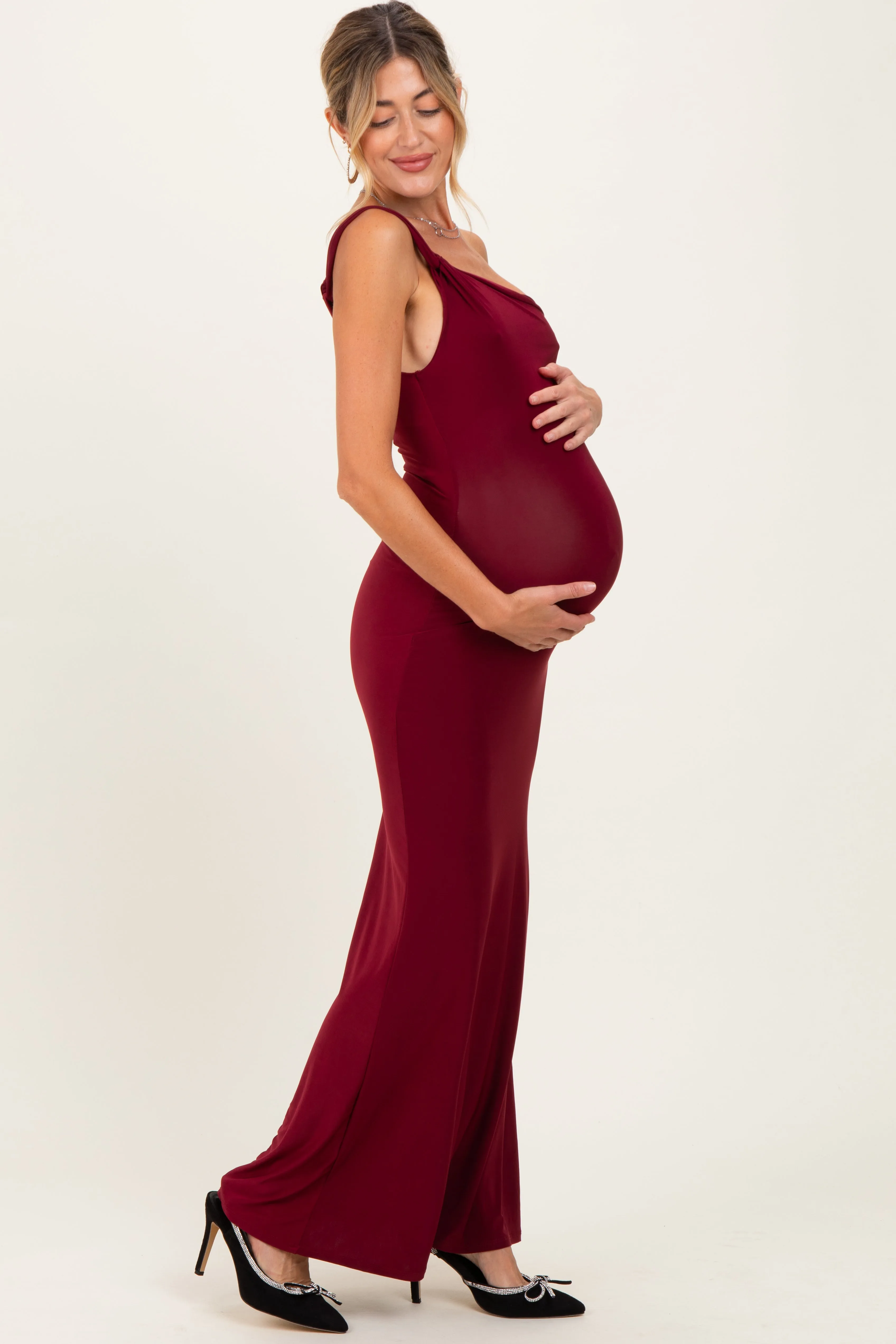 Burgundy Double Strap One Shoulder Maternity Maxi Dress sold by Pinkblush product image thumbnail 3