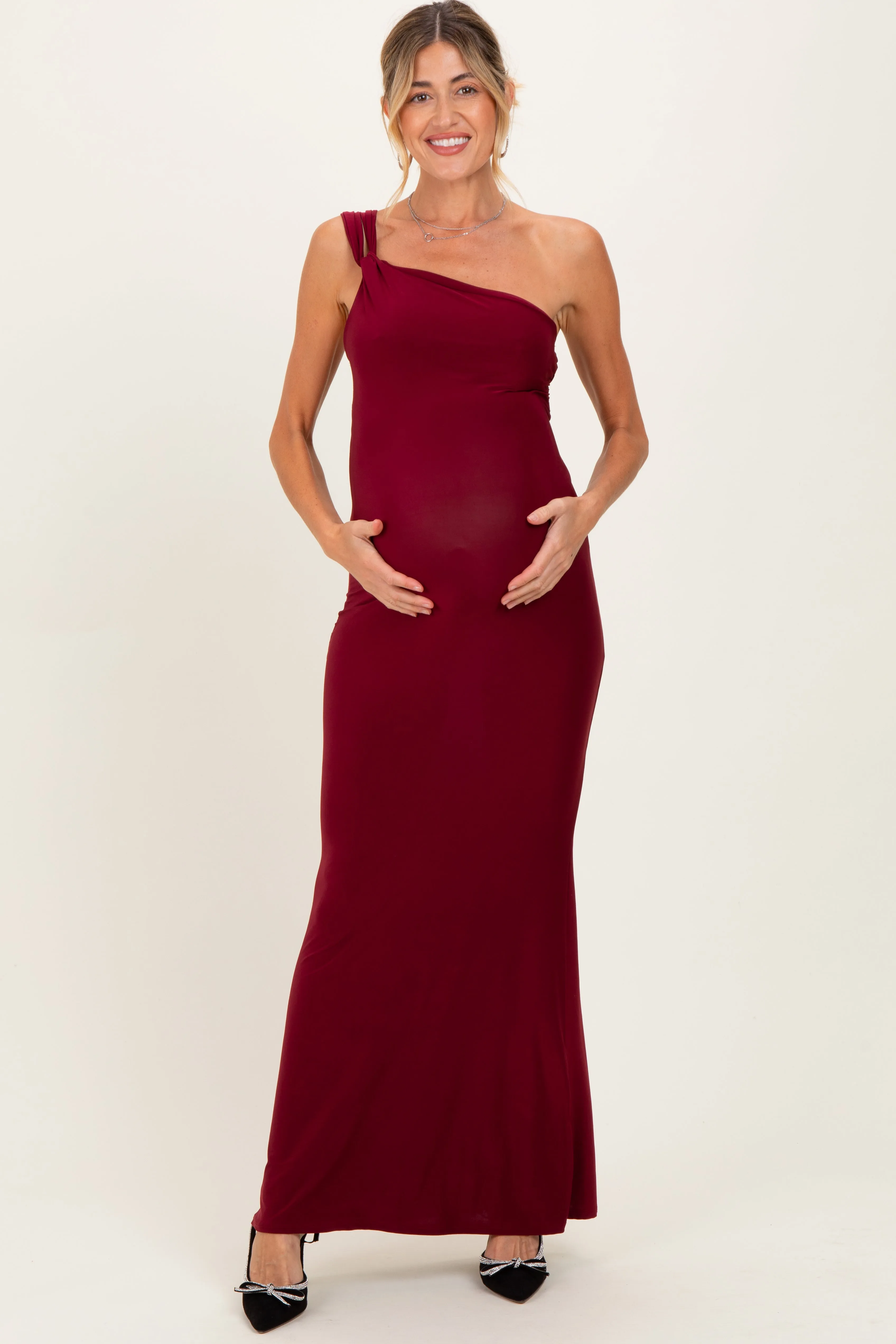 Burgundy Double Strap One Shoulder Maternity Maxi Dress sold by Pinkblush