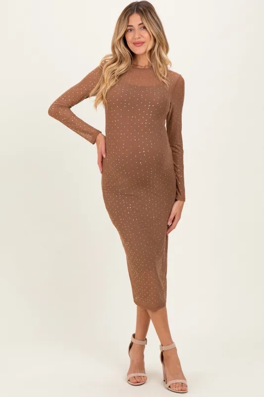 Mocha Rhinestone Mesh Long Sleeve Maternity Midi Dress sold by Pinkblush
