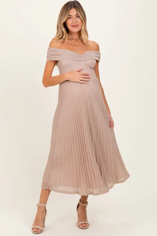 Beige Shimmer Off Shoulder Pleated Maternity Midi Dress sold by Pinkblush