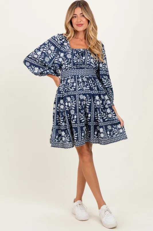 Light Navy Floral Square Neck Bubble Sleeve Maternity Dress sold by Pinkblush