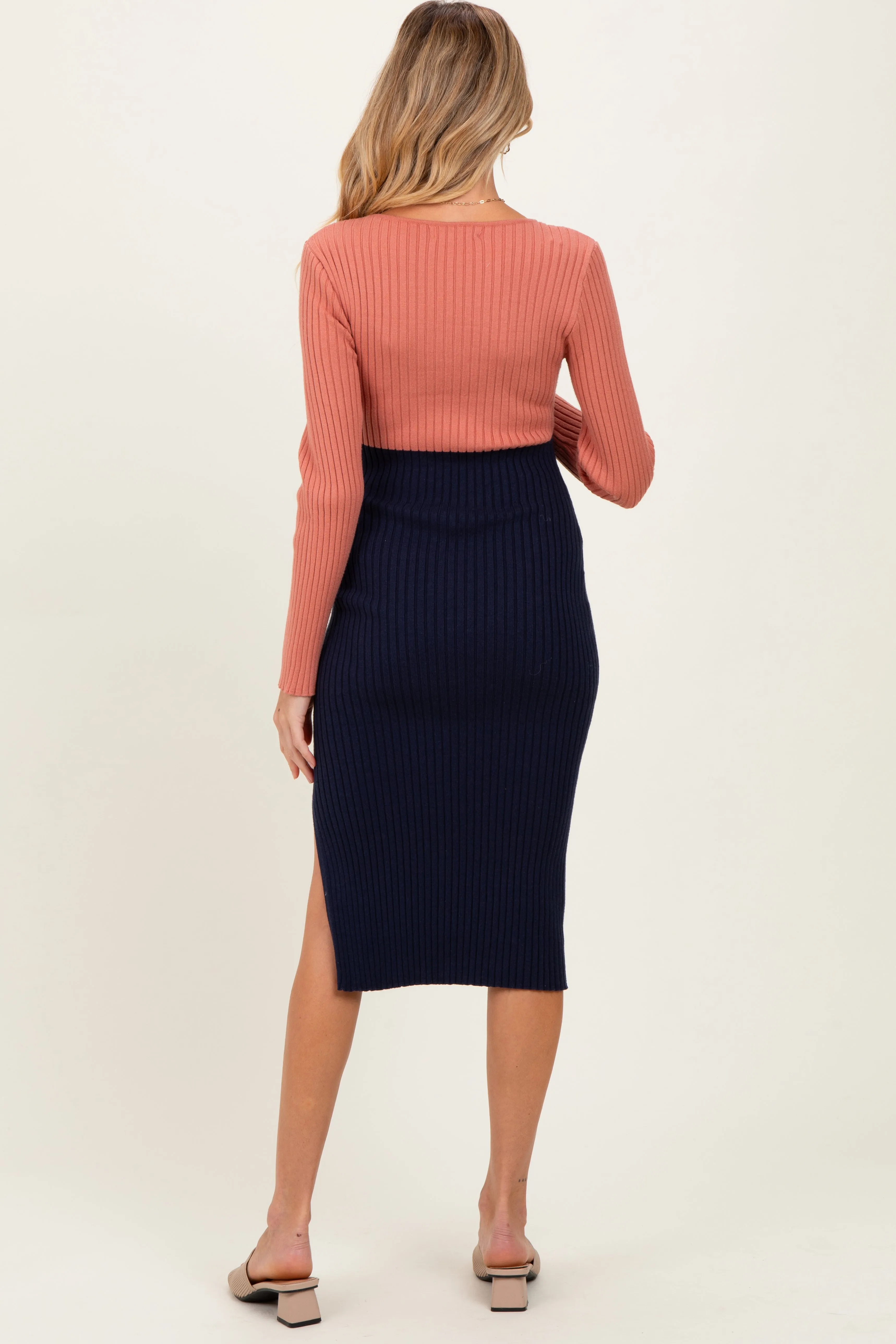 Pink Navy Knit Colorblock Long Sleeve Maternity Midi Dress sold by Pinkblush product image thumbnail 3