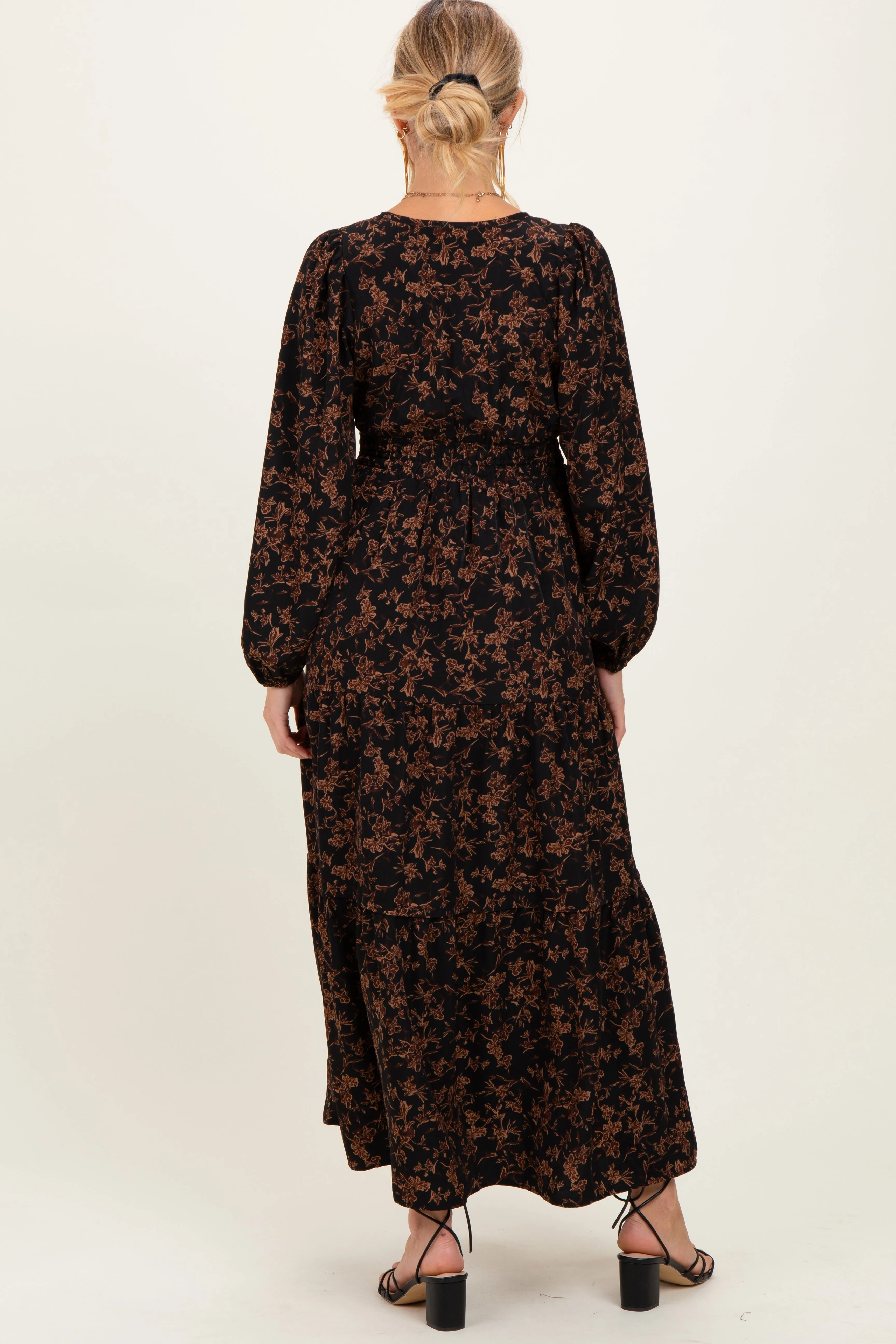 Black Floral Smocked Waist Long Sleeve Maternity Midi Dress sold by Pinkblush product image thumbnail 3