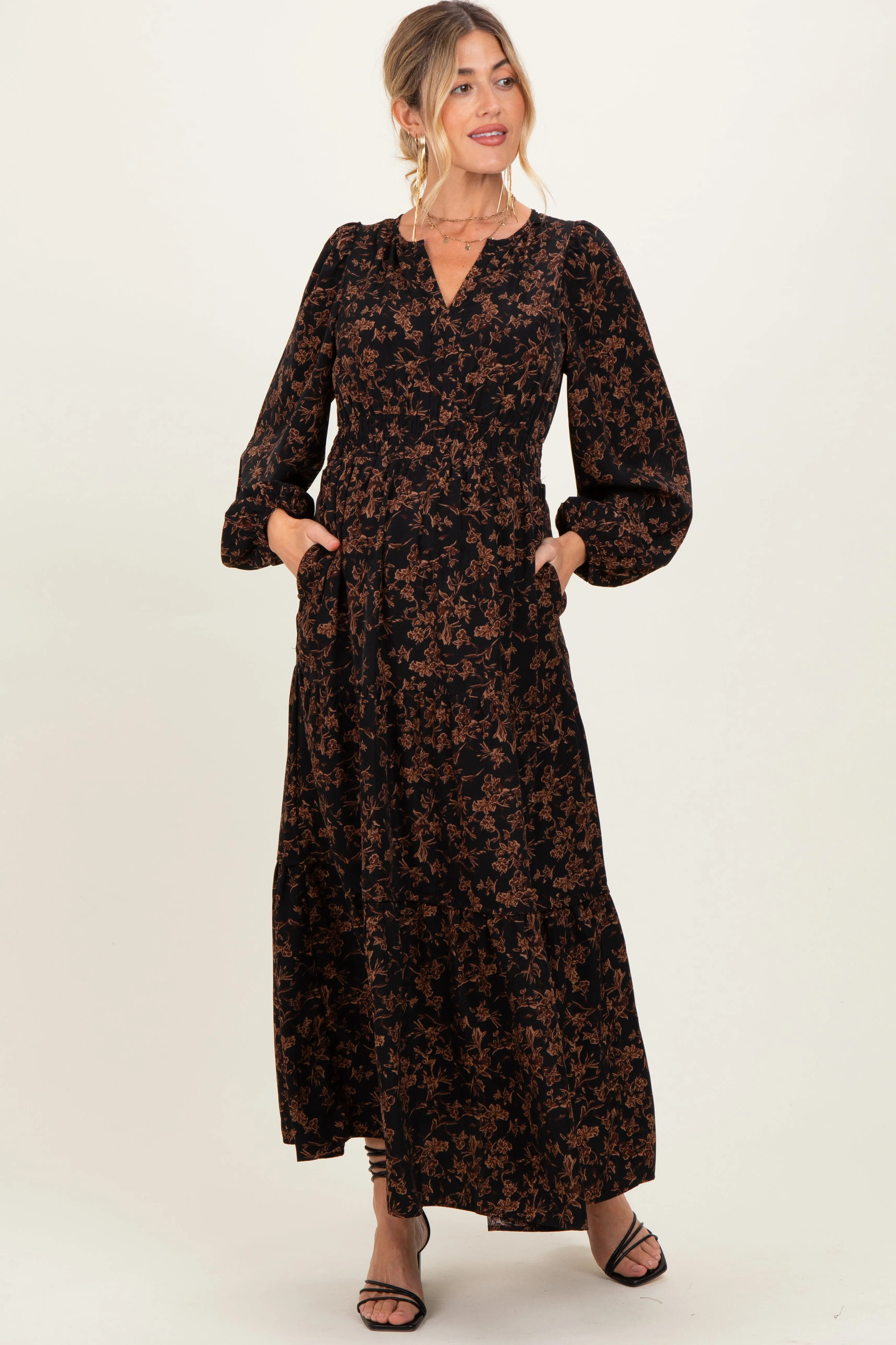 Black Floral Smocked Waist Long Sleeve Maternity Midi Dress sold by Pinkblush
