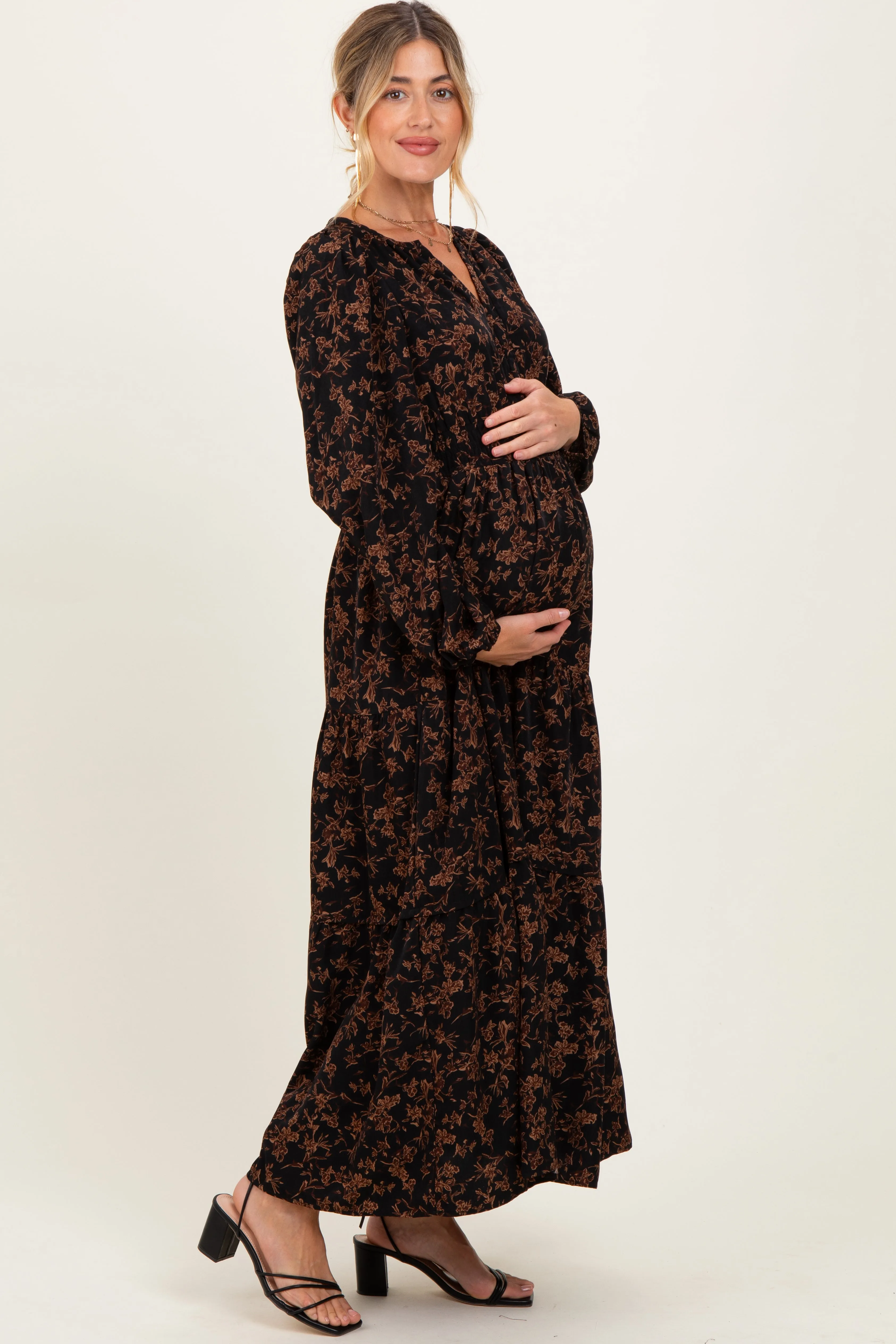 Black Floral Smocked Waist Long Sleeve Maternity Midi Dress sold by Pinkblush product image thumbnail 2