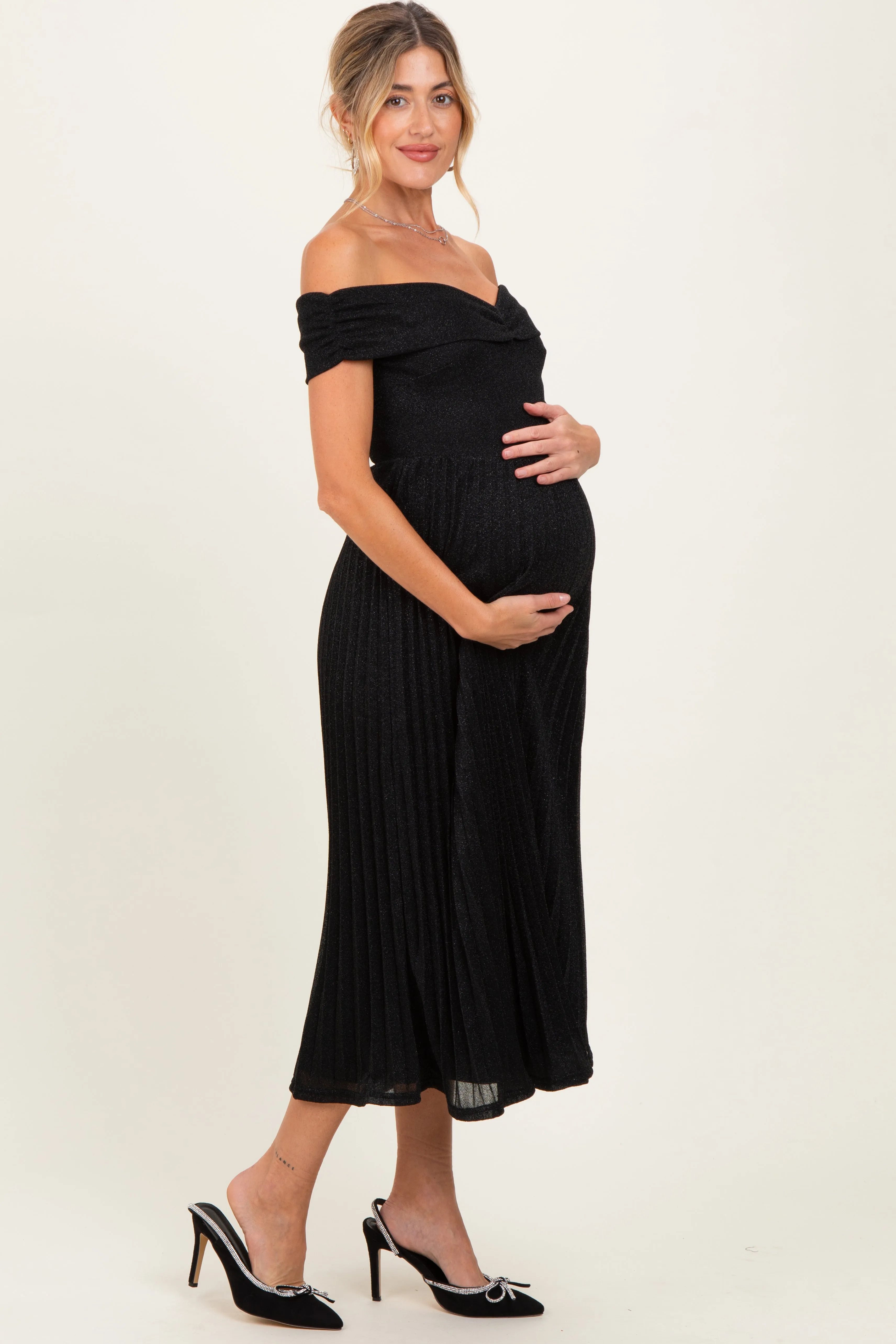 Black Shimmer Off Shoulder Pleated Maternity Midi Dress sold by Pinkblush product image thumbnail 2
