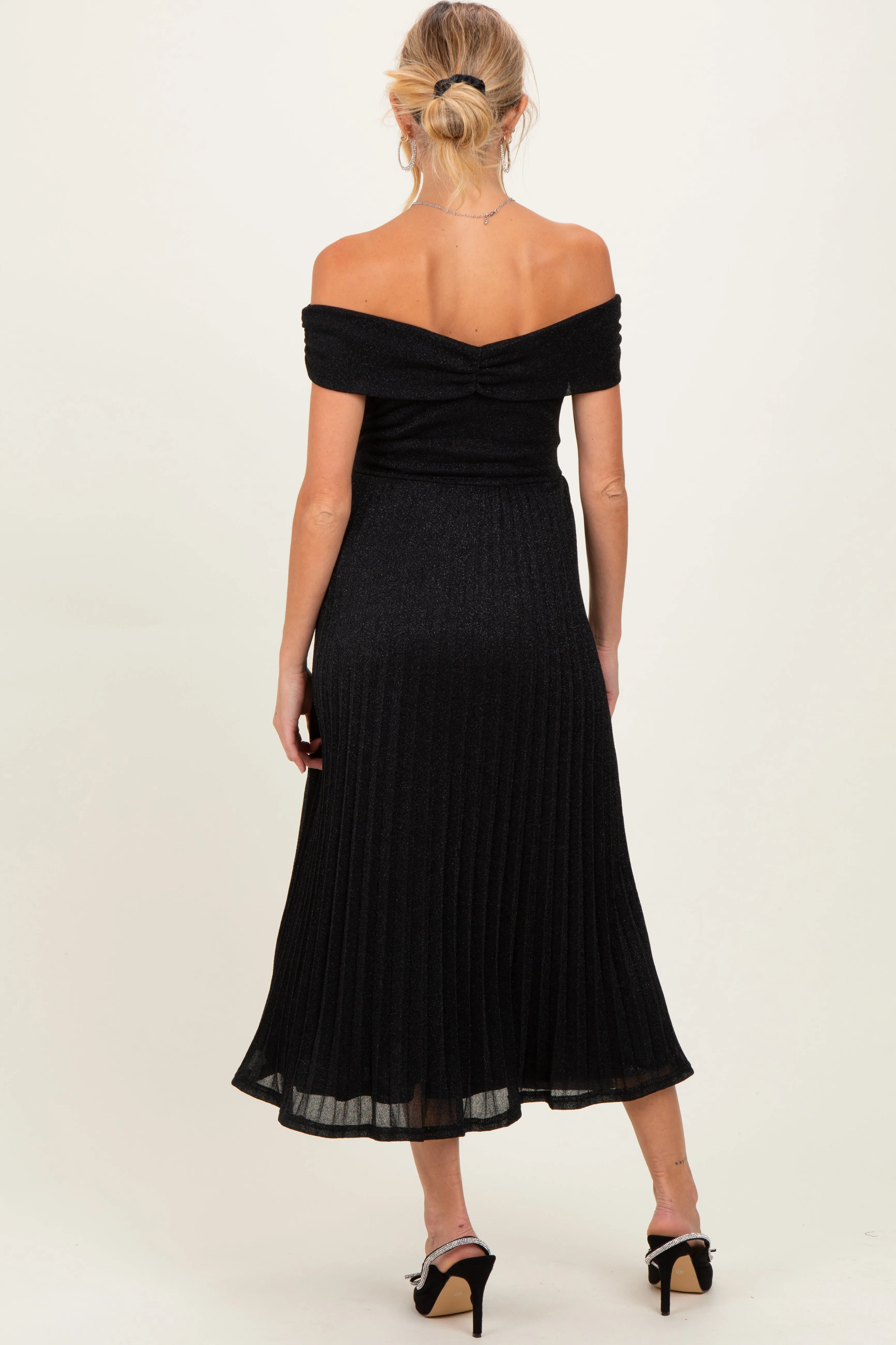 Black Shimmer Off Shoulder Pleated Maternity Midi Dress sold by Pinkblush product image thumbnail 3