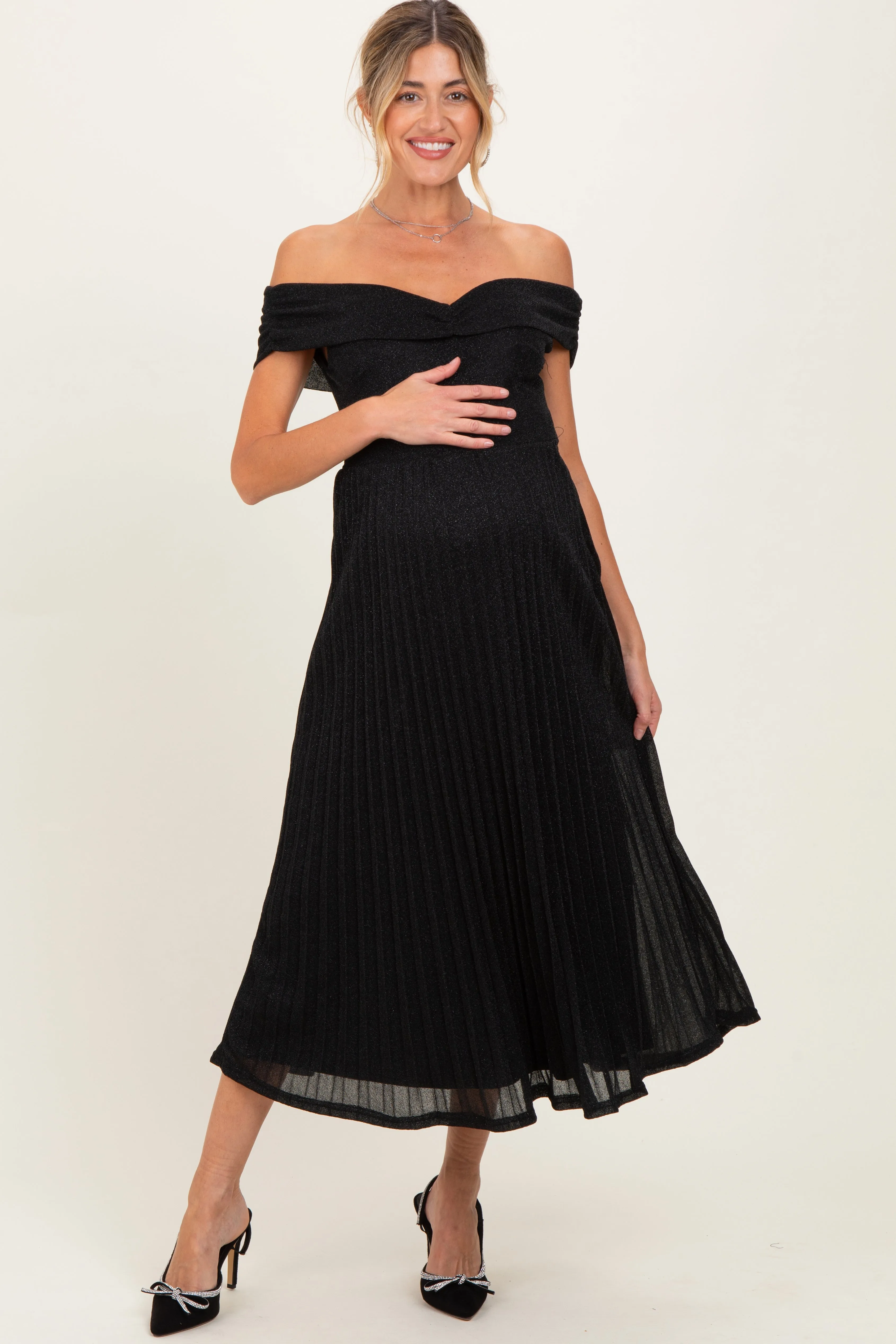 Black Shimmer Off Shoulder Pleated Maternity Midi Dress sold by Pinkblush