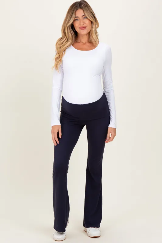 Navy Wide Fold-Over Flared Maternity Pants sold by Pinkblush