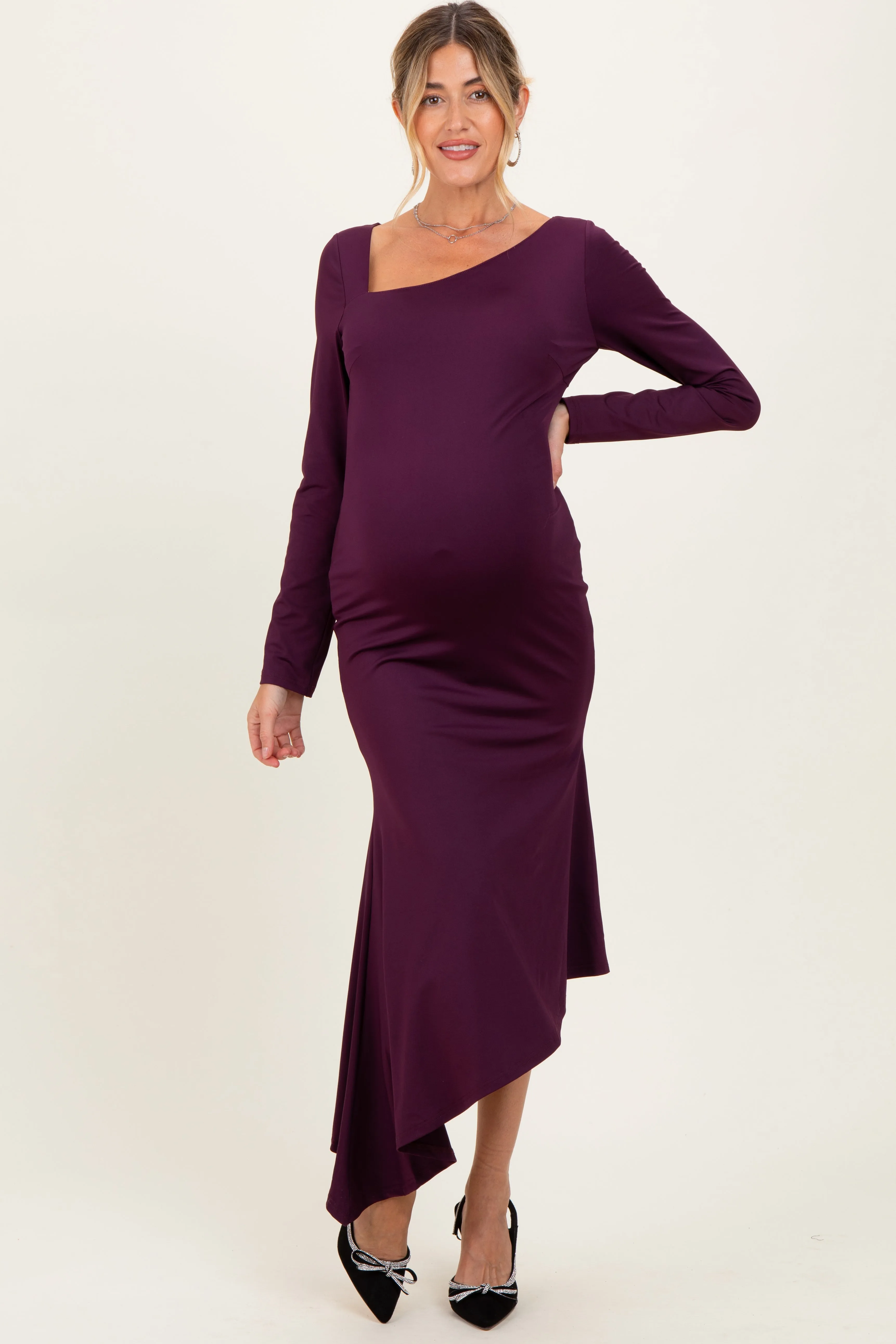 Plum Asymmetric Hem Maternity Midi Dress sold by Pinkblush
