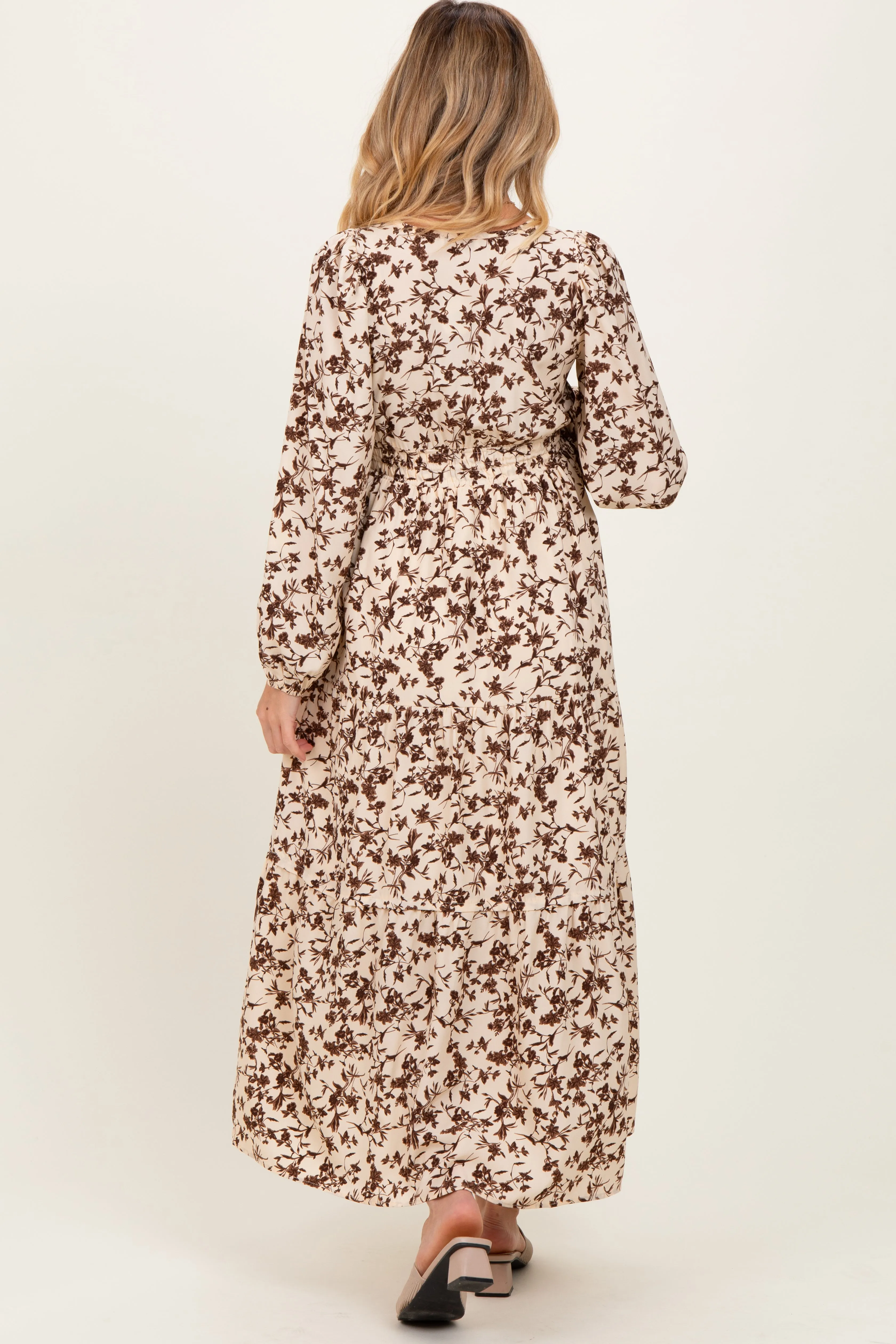 Cream Floral Smocked Waist Long Sleeve Maternity Midi Dress sold by Pinkblush product image thumbnail 4