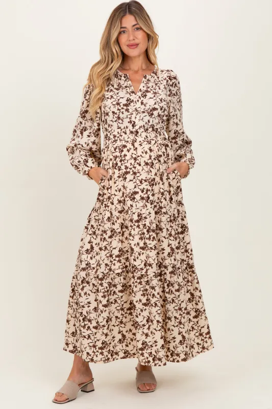 Cream Floral Smocked Waist Long Sleeve Maternity Midi Dress sold by Pinkblush
