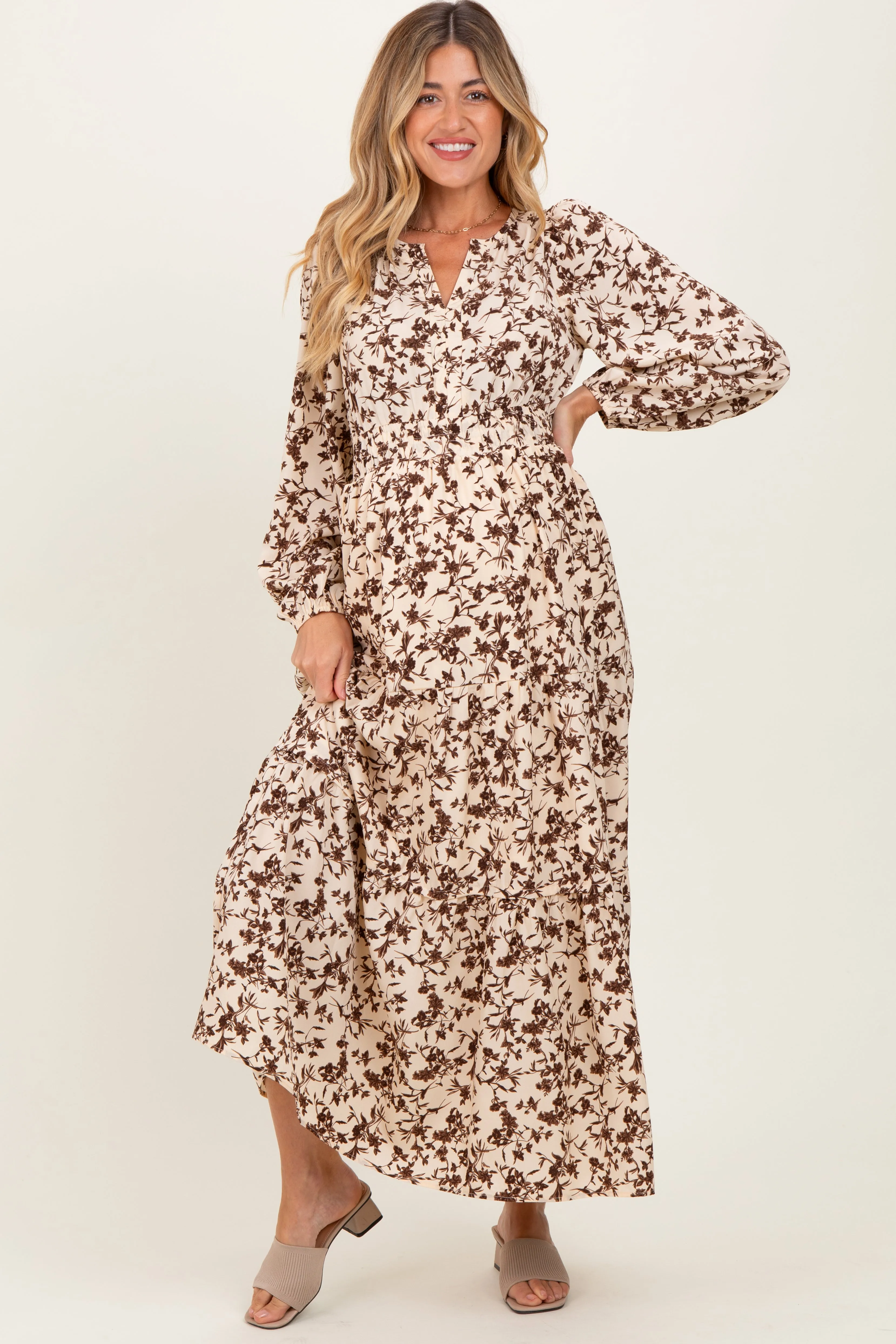 Cream Floral Smocked Waist Long Sleeve Maternity Midi Dress sold by Pinkblush product image thumbnail 2