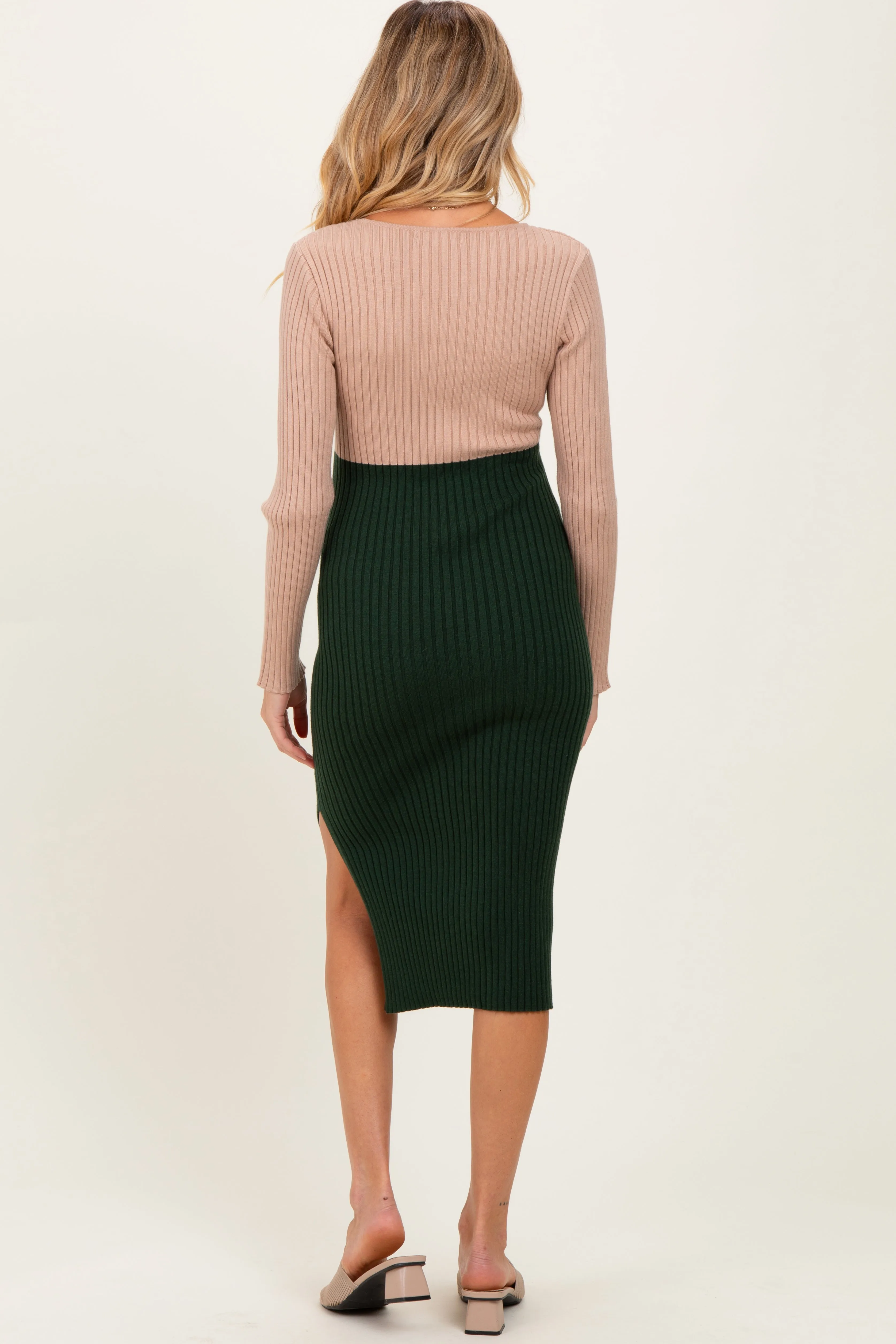 Beige Knit Colorblock Long Sleeve Maternity Midi Dress sold by Pinkblush product image thumbnail 4