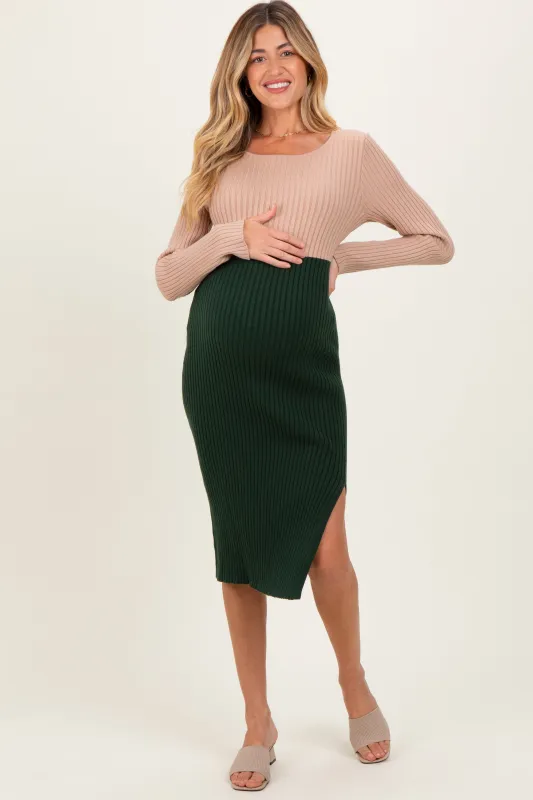 Beige Knit Colorblock Long Sleeve Maternity Midi Dress sold by Pinkblush