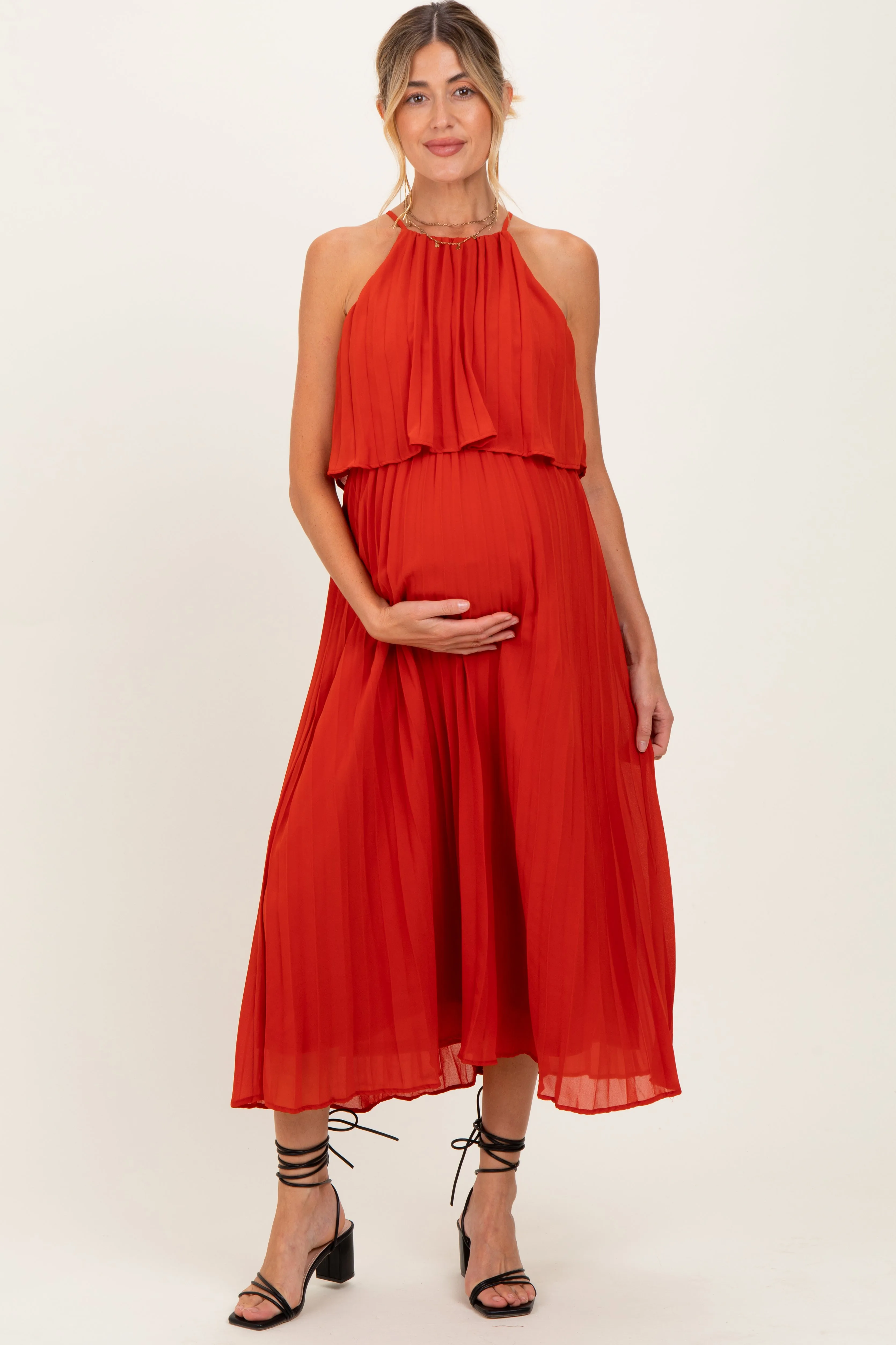 Red Pleated Woven Maternity Midi Dress sold by Pinkblush product image thumbnail 2