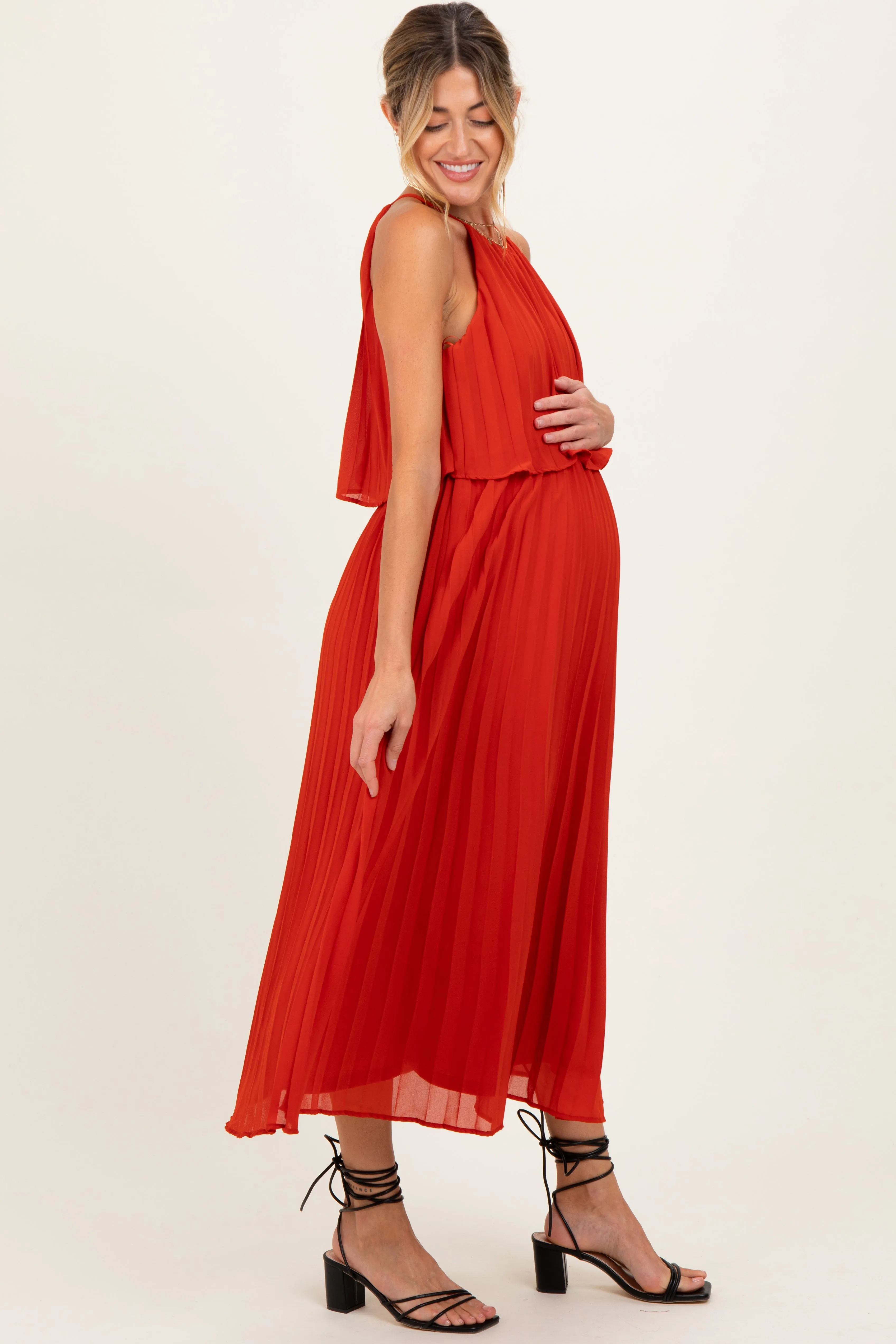 Red Pleated Woven Maternity Midi Dress sold by Pinkblush product image thumbnail 3