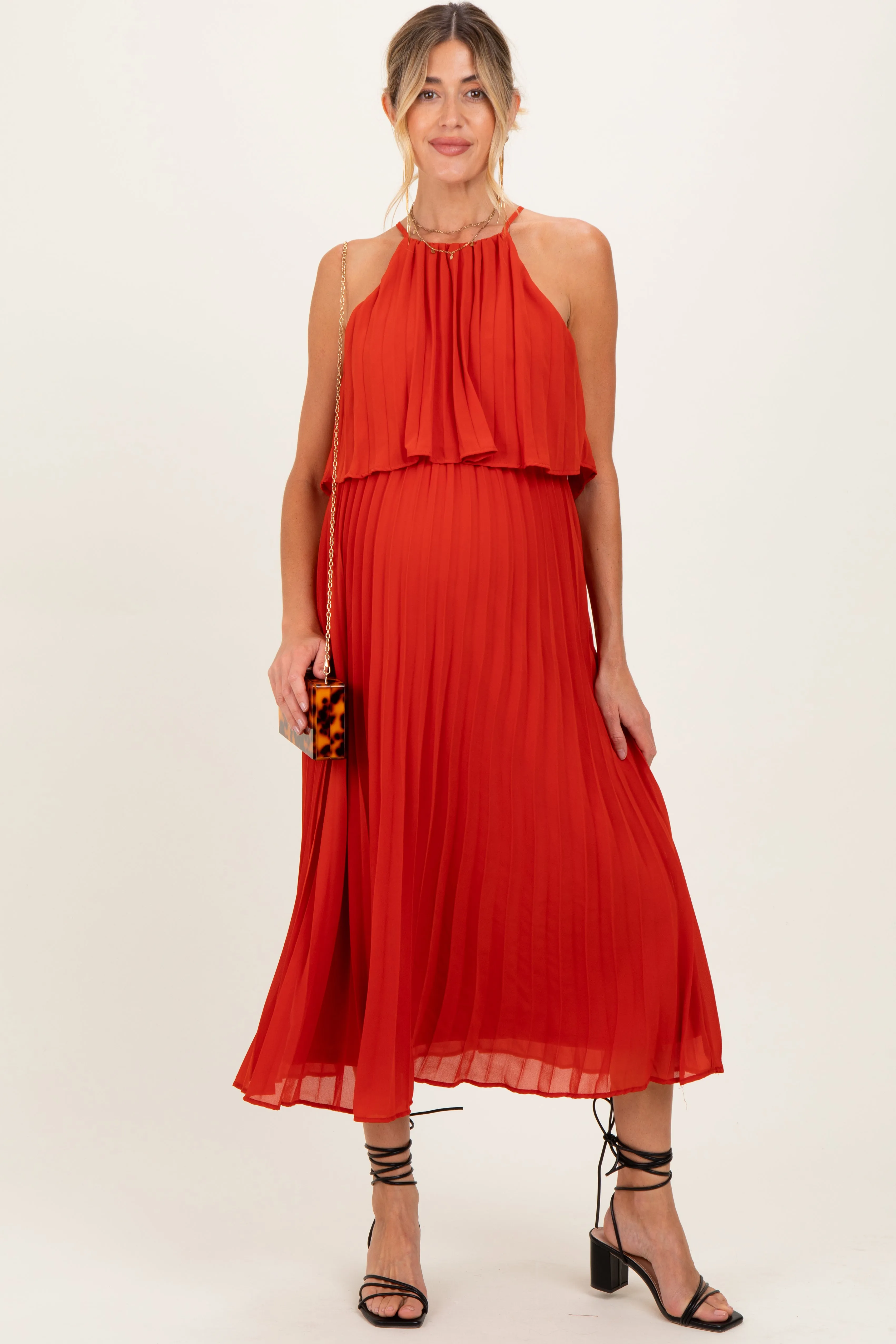 Red Pleated Woven Maternity Midi Dress sold by Pinkblush