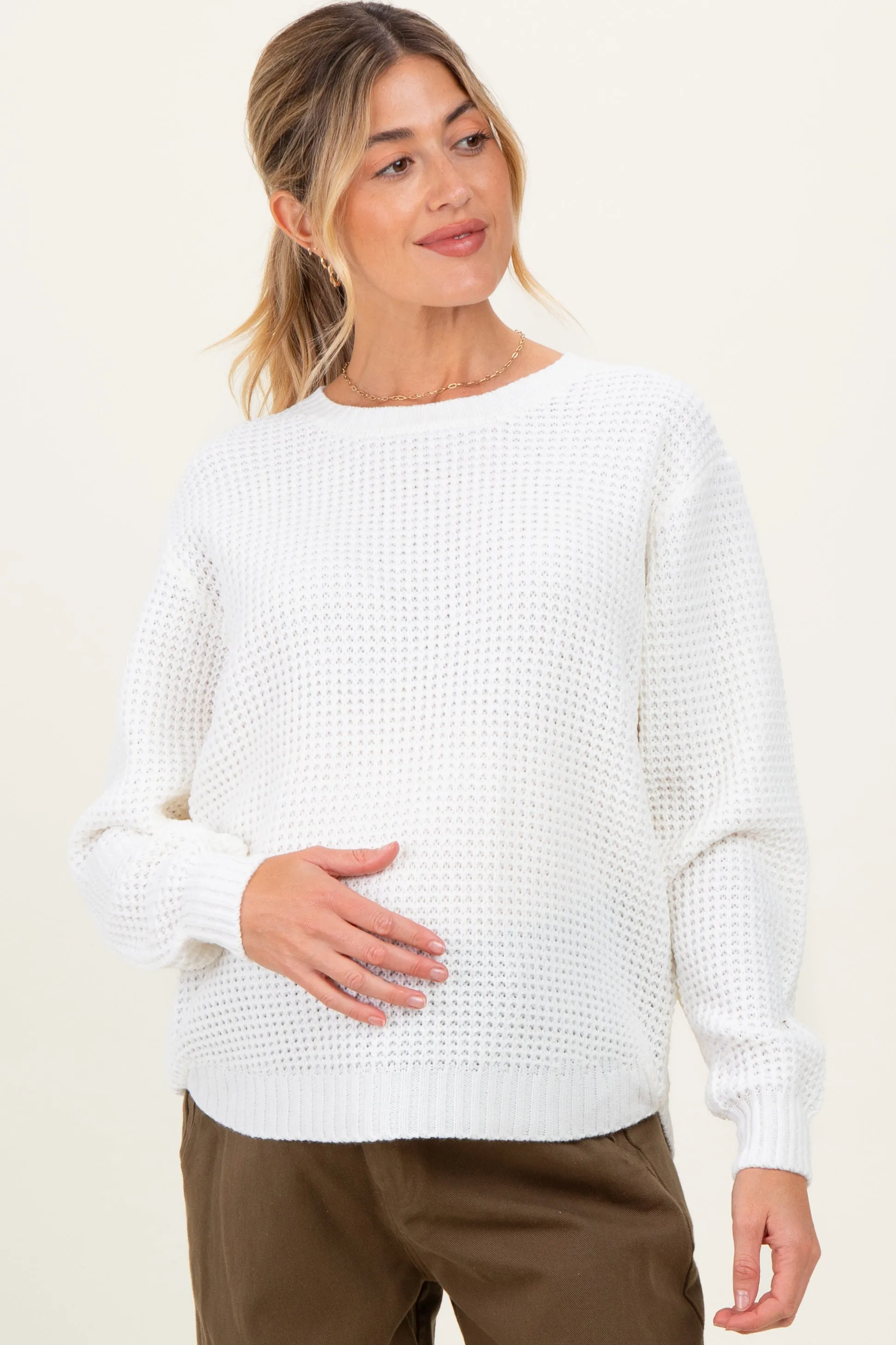 Ivory Waffle Knit Rounded Hem Maternity Sweater sold by Pinkblush product image thumbnail 2