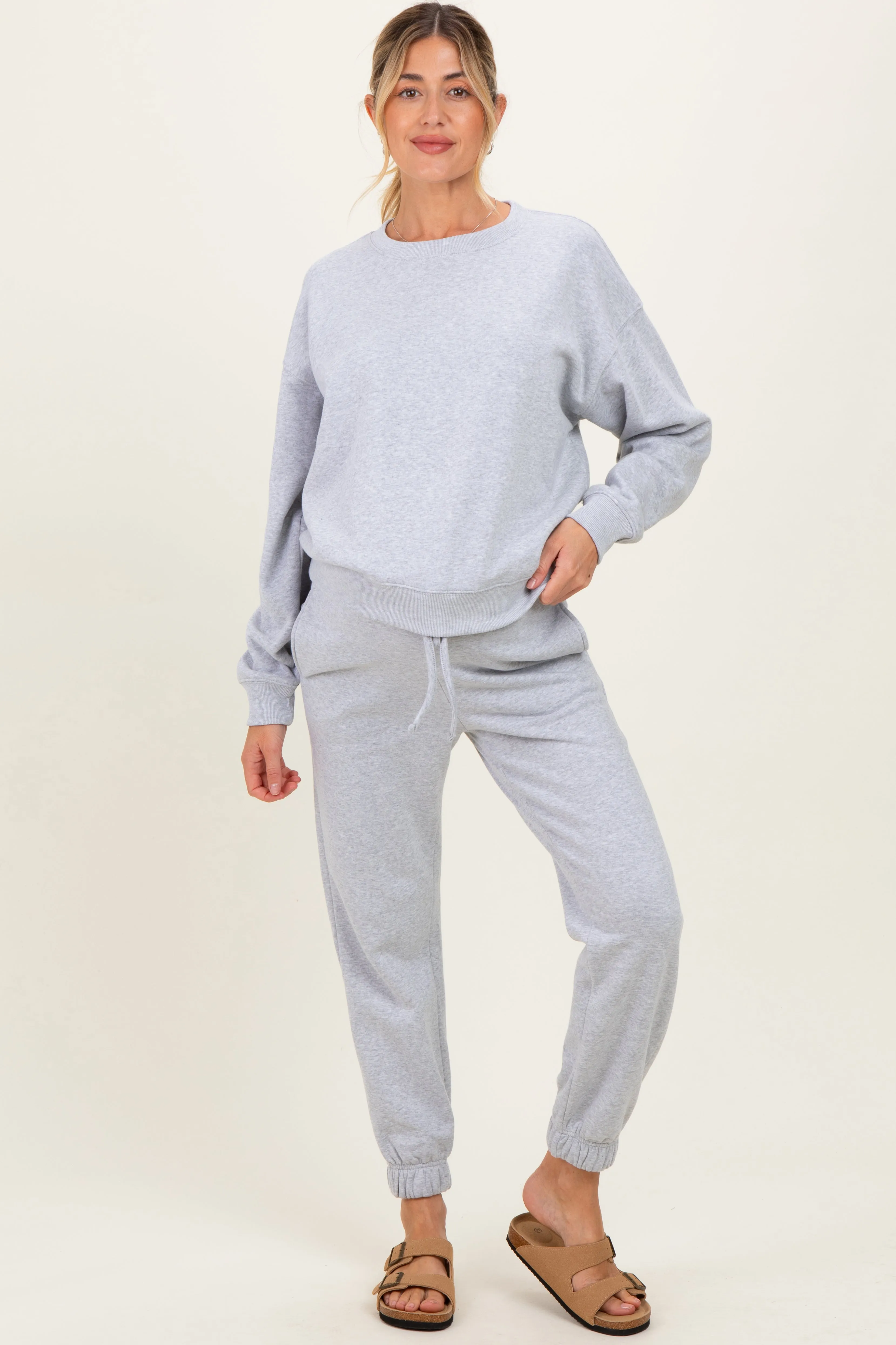 Heather Grey Fleece Long Sleeve Maternity Pullover & Jogger Set sold by Pinkblush