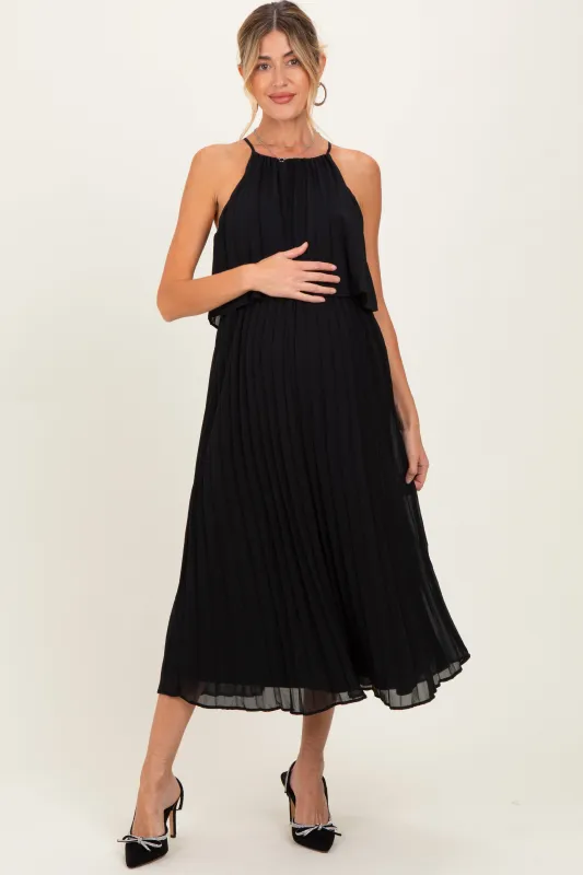 Black Pleated Woven Maternity Midi Dress sold by Pinkblush