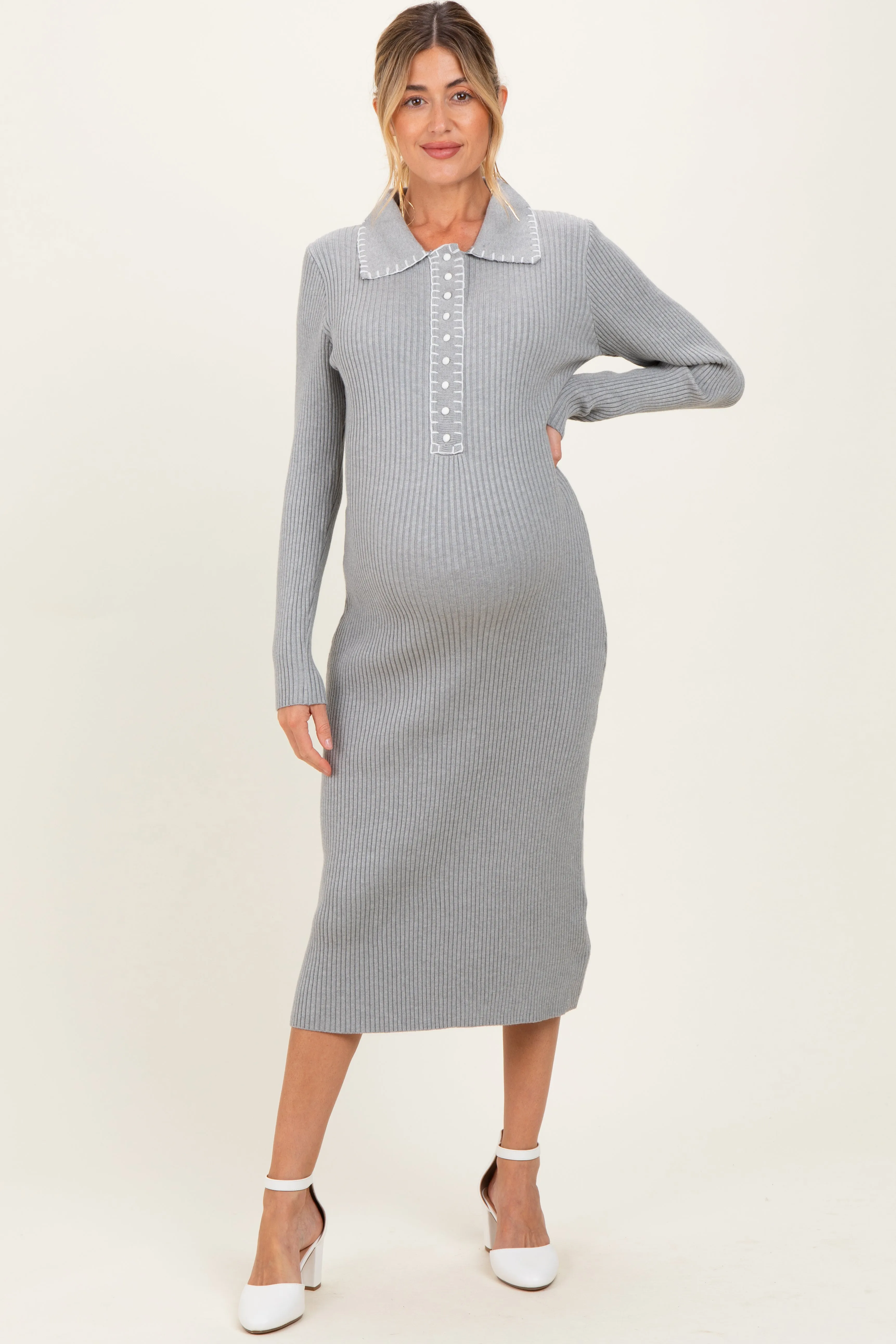 Heather Grey Contrast Stitch Maternity Midi Sweater Dress sold by Pinkblush