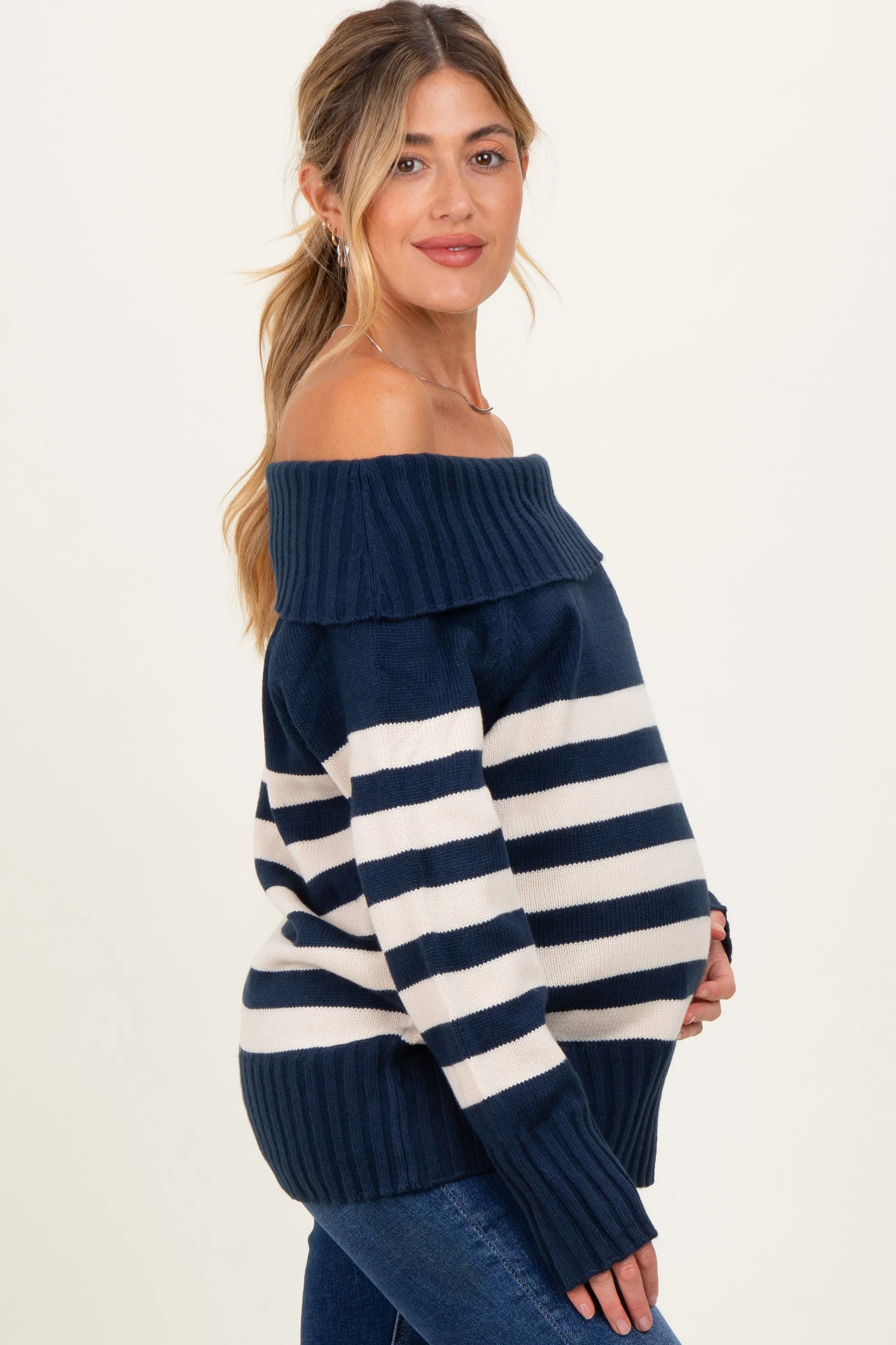 Navy Striped Off Shoulder Maternity Sweater sold by Pinkblush product image thumbnail 3