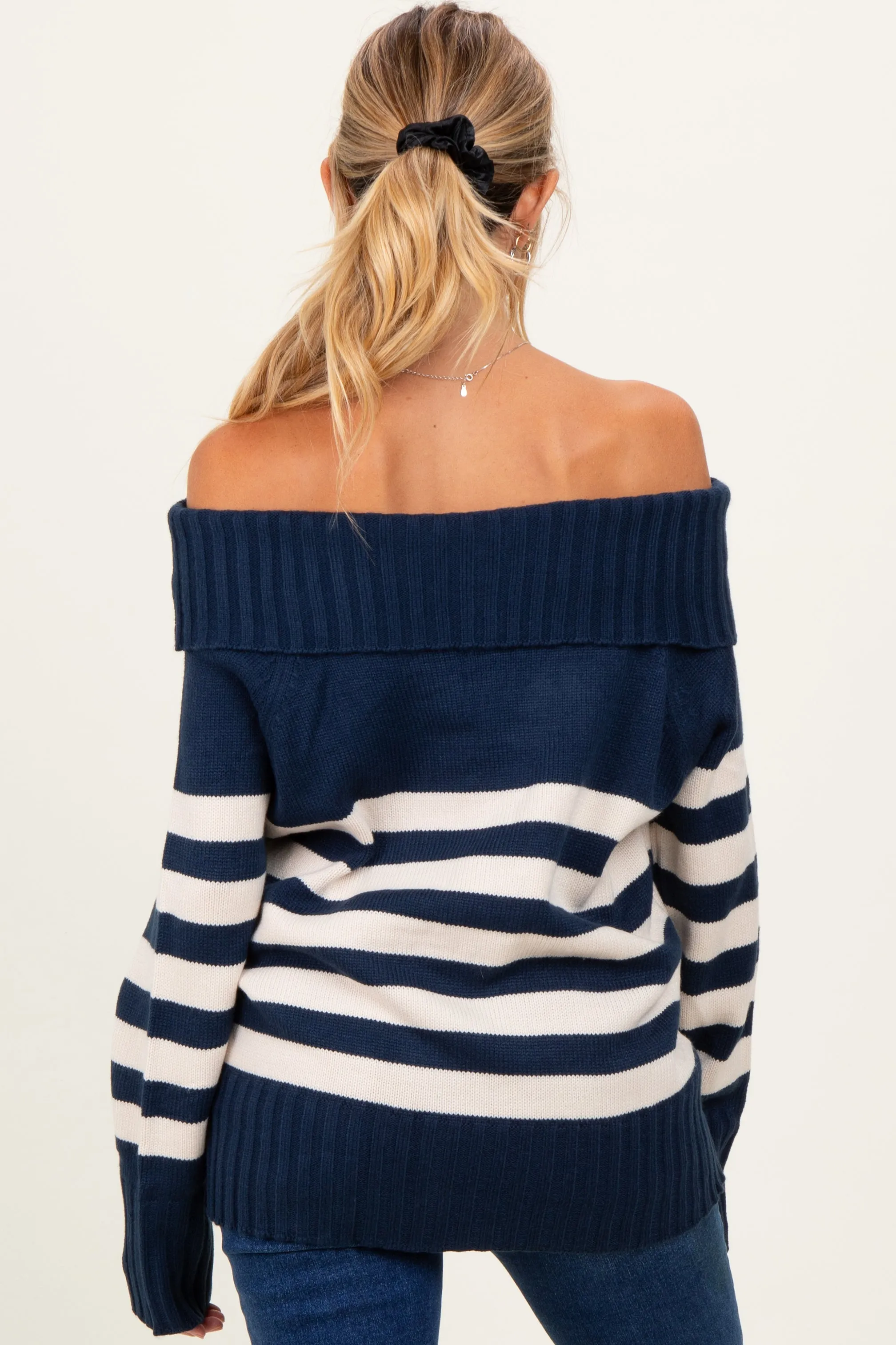 Navy Striped Off Shoulder Maternity Sweater sold by Pinkblush product image thumbnail 4