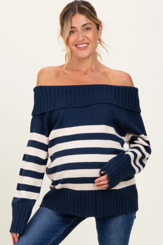 Navy Striped Off Shoulder Maternity Sweater sold by Pinkblush